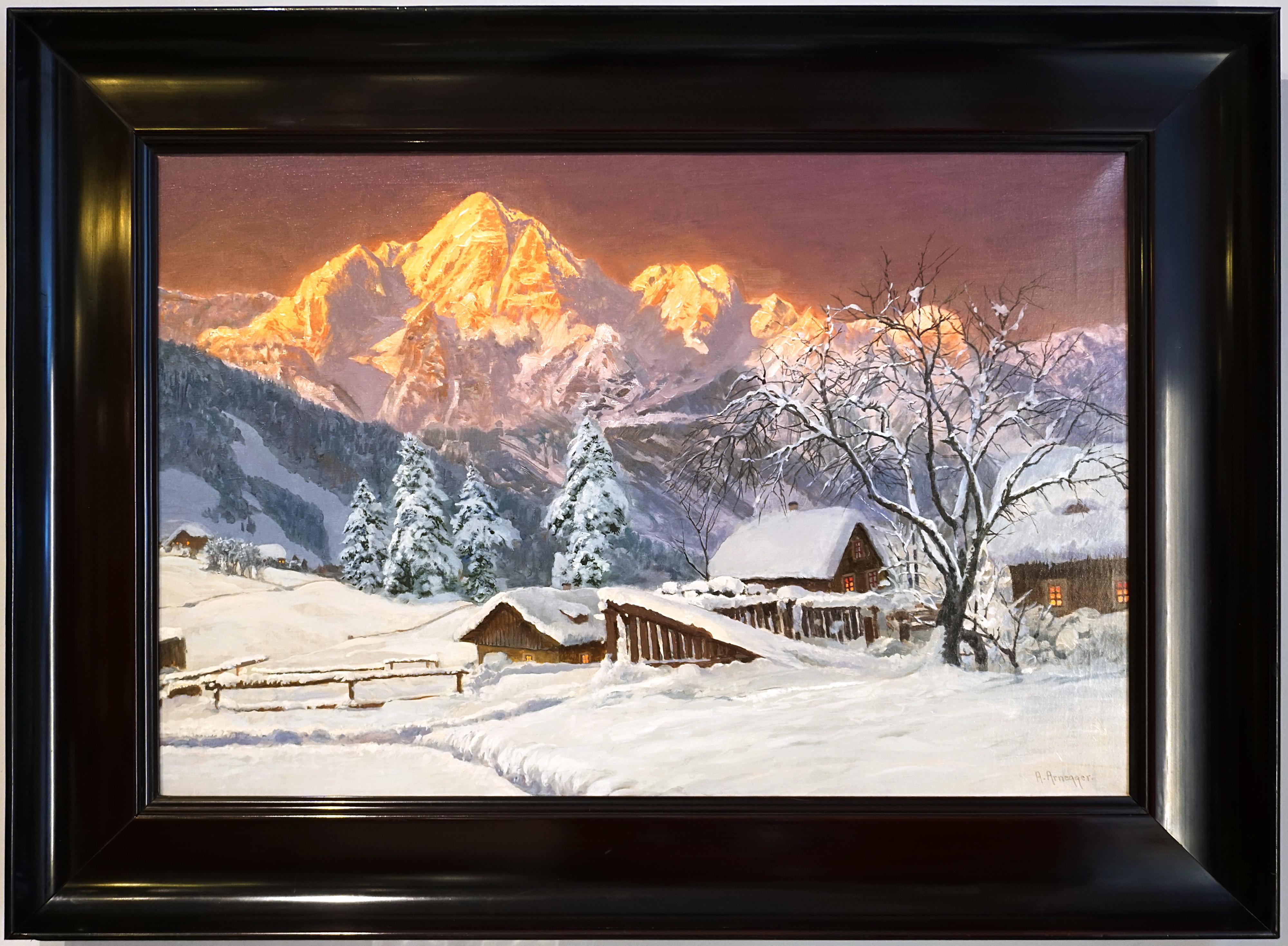 Other Large Oil Painting, Mountain Range At Dusk, by Alois Arnegger, Austria, Ca 1900 For Sale