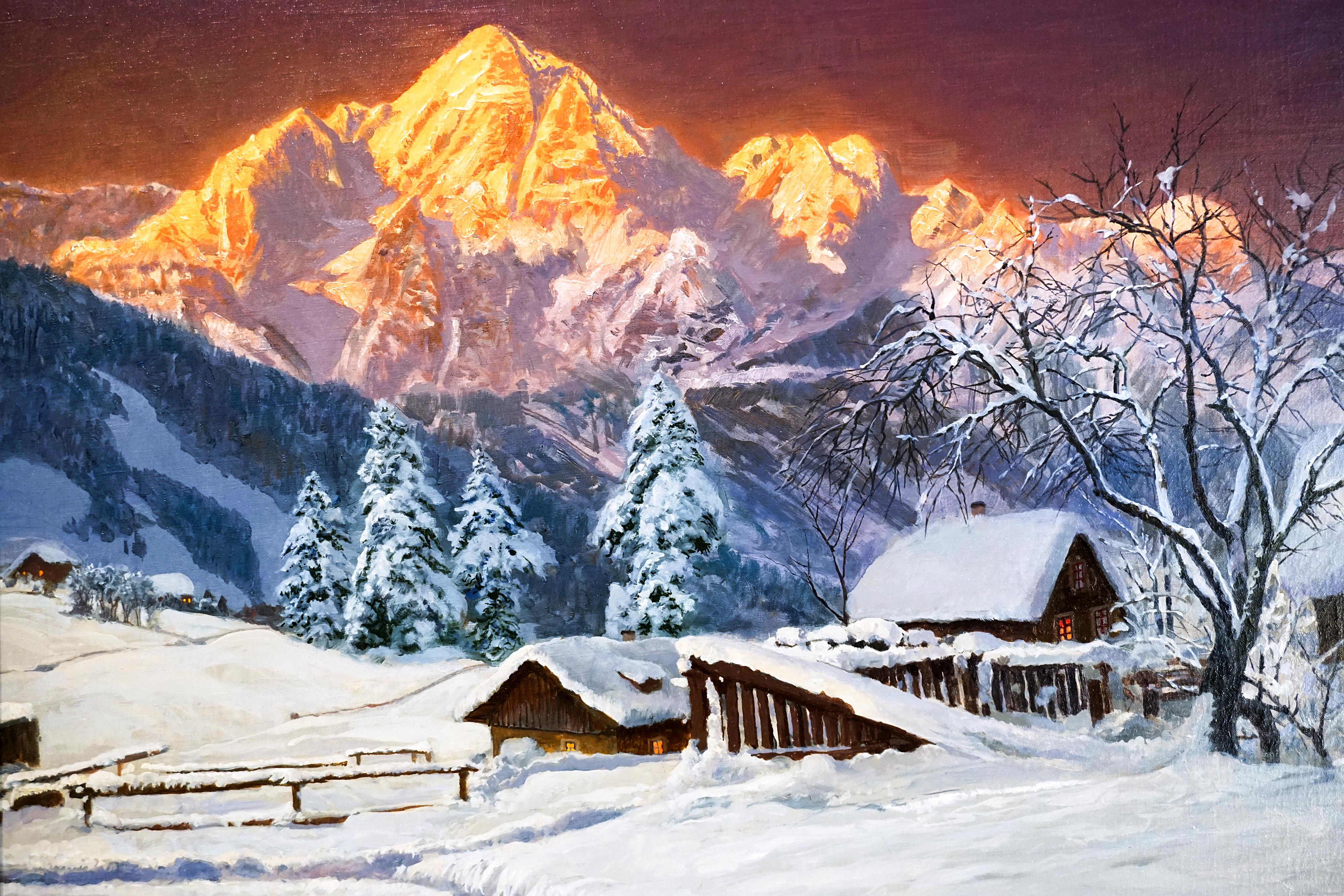 Painted Large Oil Painting, Mountain Range At Dusk, by Alois Arnegger, Austria, Ca 1900 For Sale