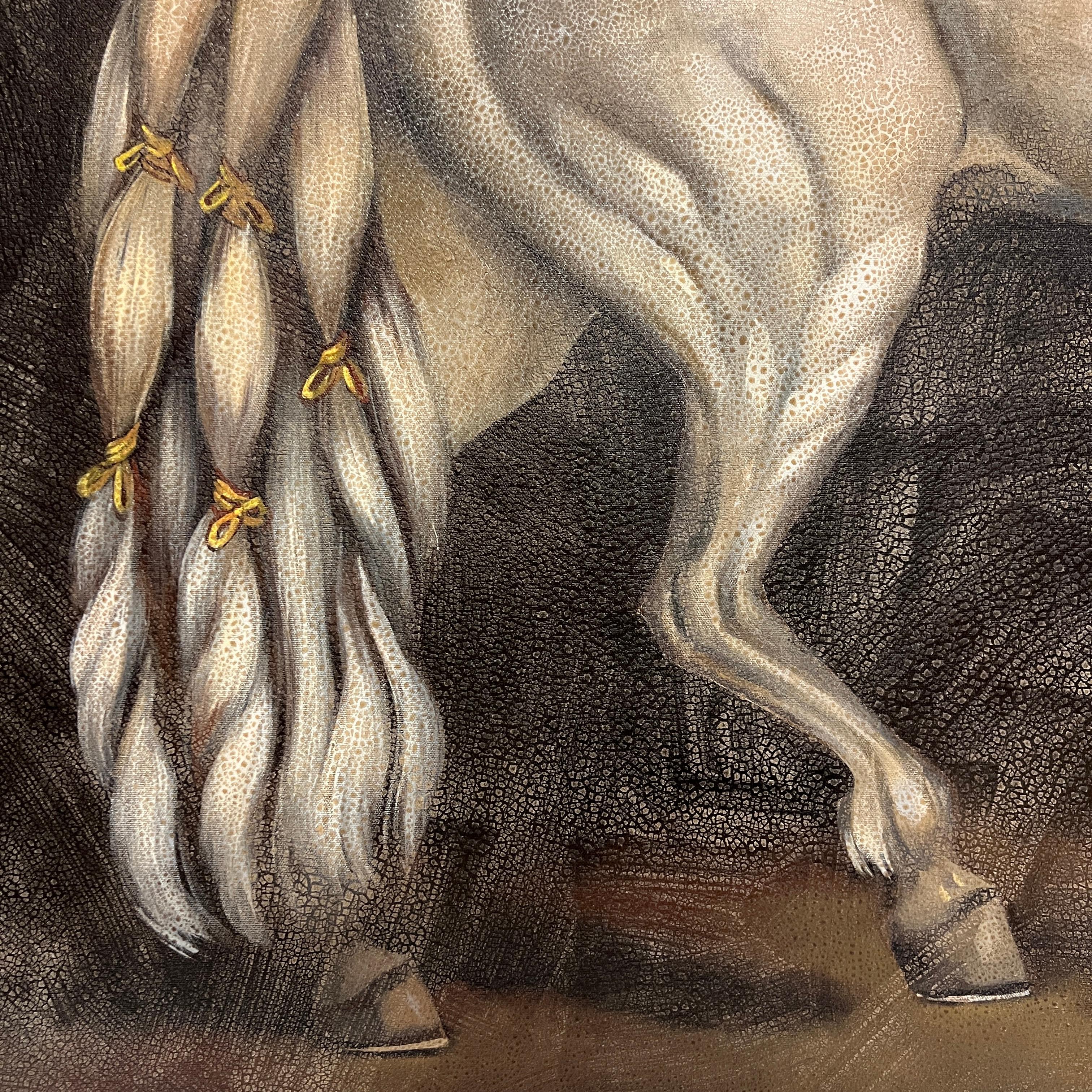 Large oil on canvas depicting a white Lipizzaner (or Lipizzan) stallion horse with white coat after the original oil painting by William Skilling (American, 1862-1964), by the celebrated Canadian painter, Reginald Baxter.

The artist is known for