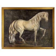 Gran cuadro al óleo de un caballo semental blanco de Reginald Baxter