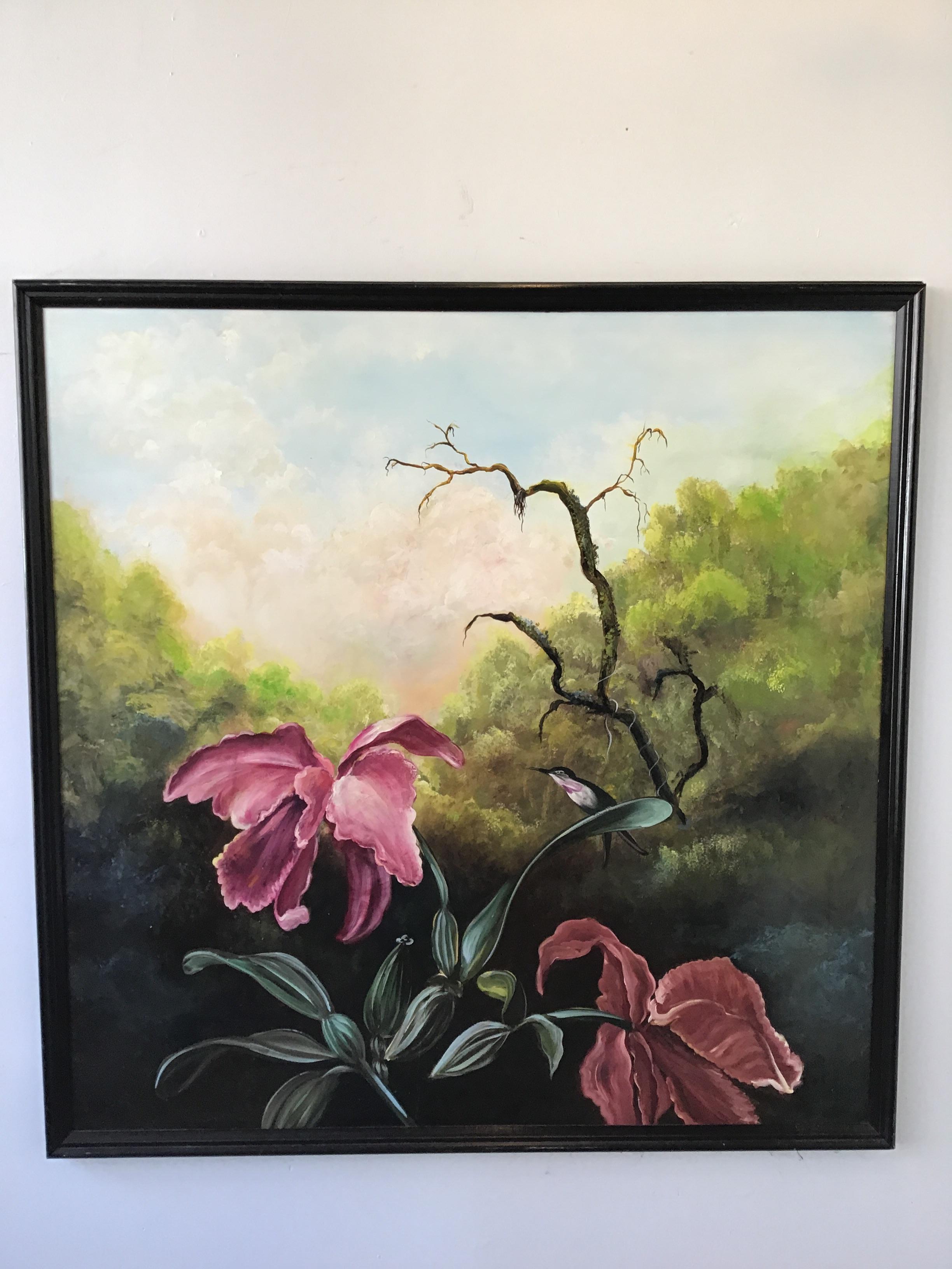 Large oil painting on board of humming bird and orchards from a Greenwich, Connecticut estate.