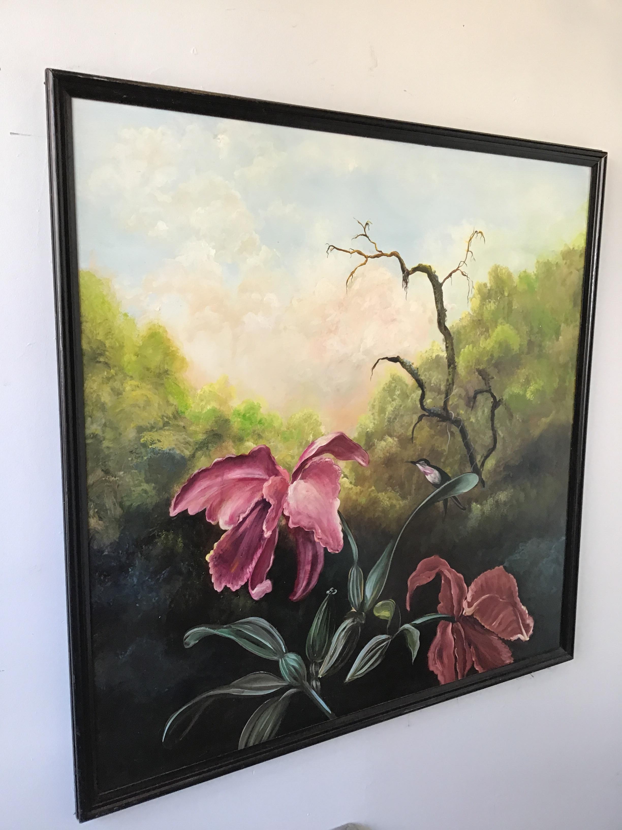 Large Oil Painting of Humming Bird and Orchards In Good Condition In Tarrytown, NY