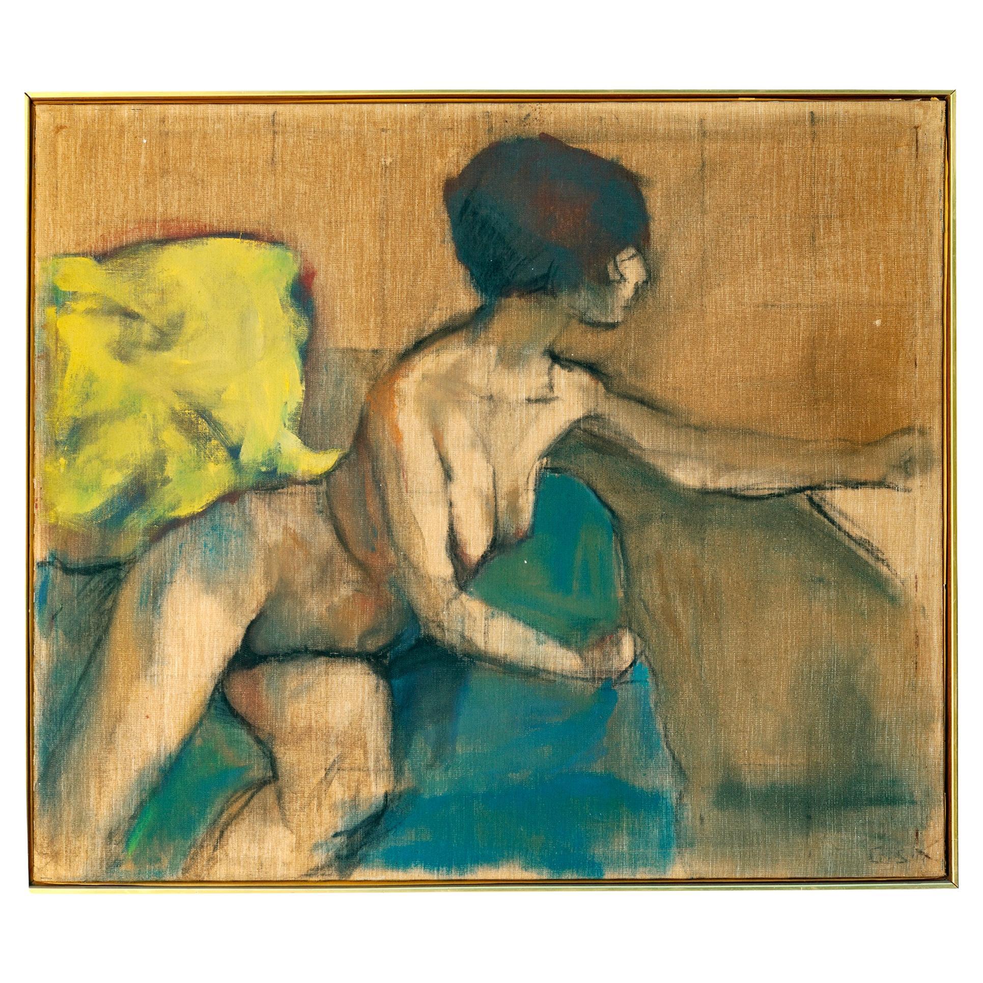 Large Oil Painting of Nude on Linen Canvas/Minimalist Wood Frame For Sale