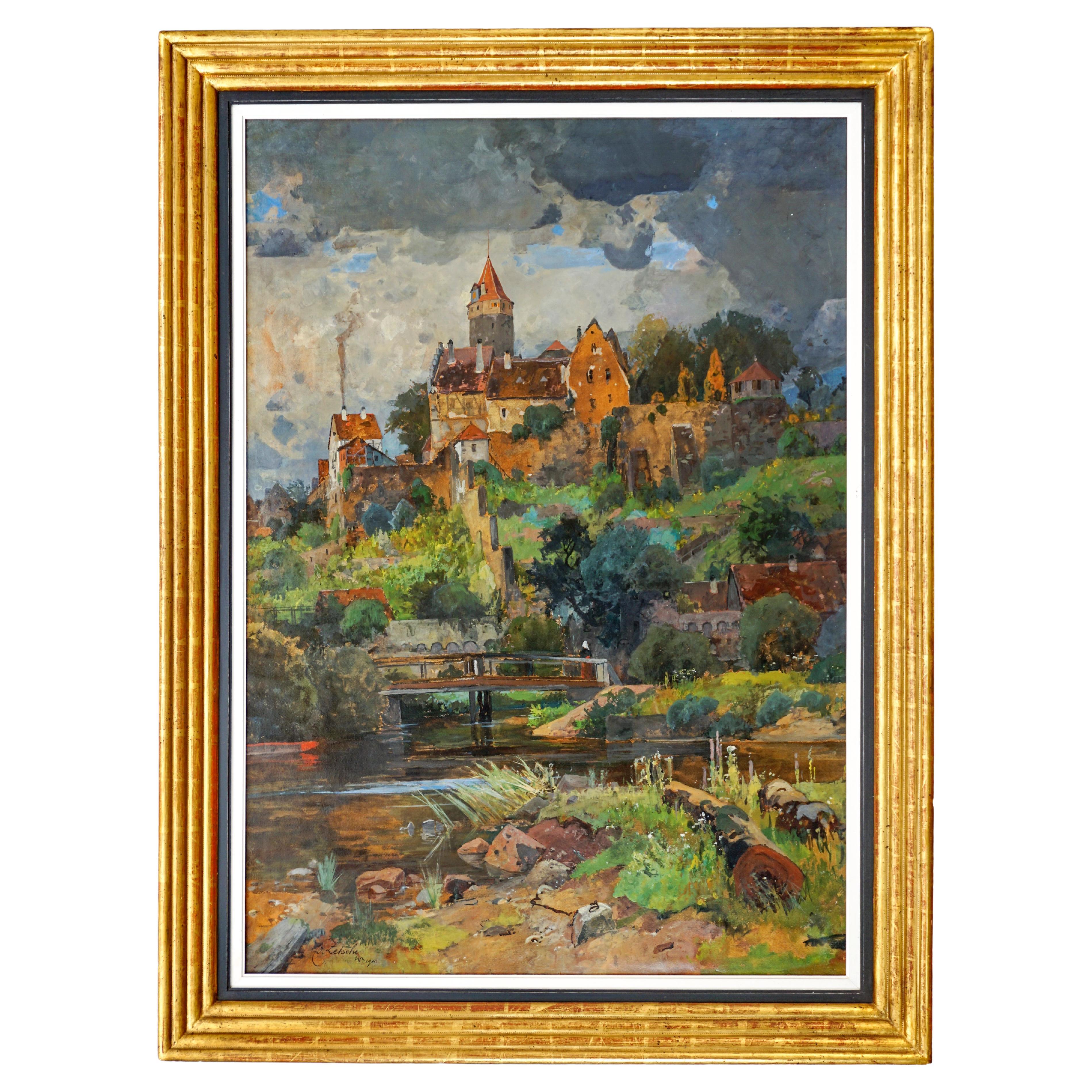 Large Oil Painting 'Old Town in Swabia', by Eduard Zetsche, Vienna, 1910 For Sale