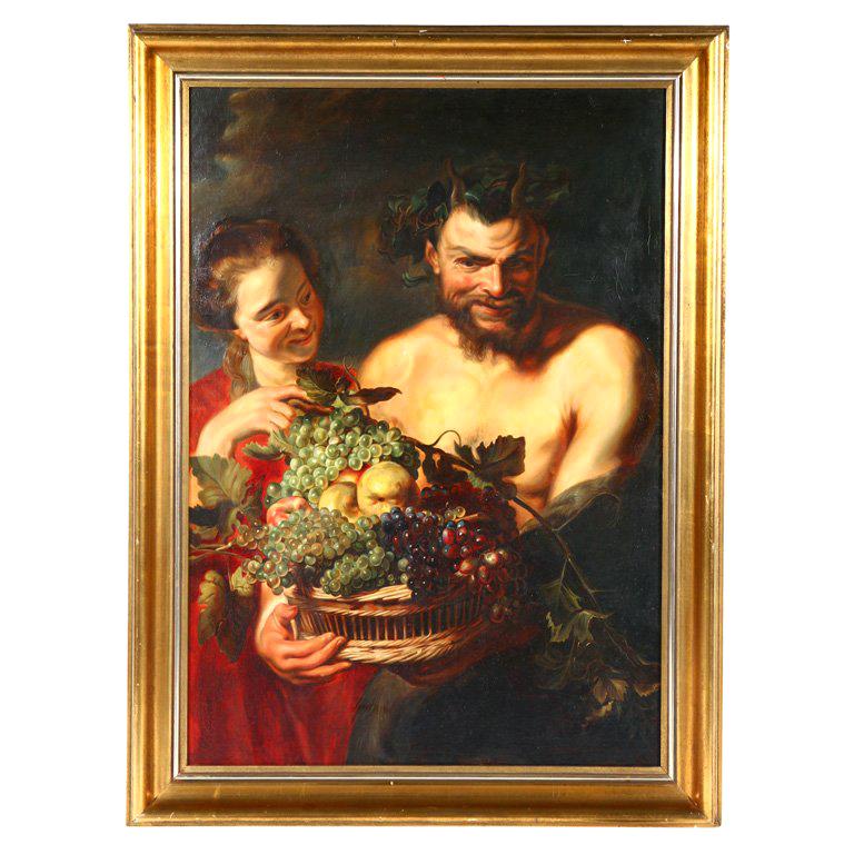 Large Oil Painting on Canvas after Rubens, "a Satyr and Baccante" For Sale