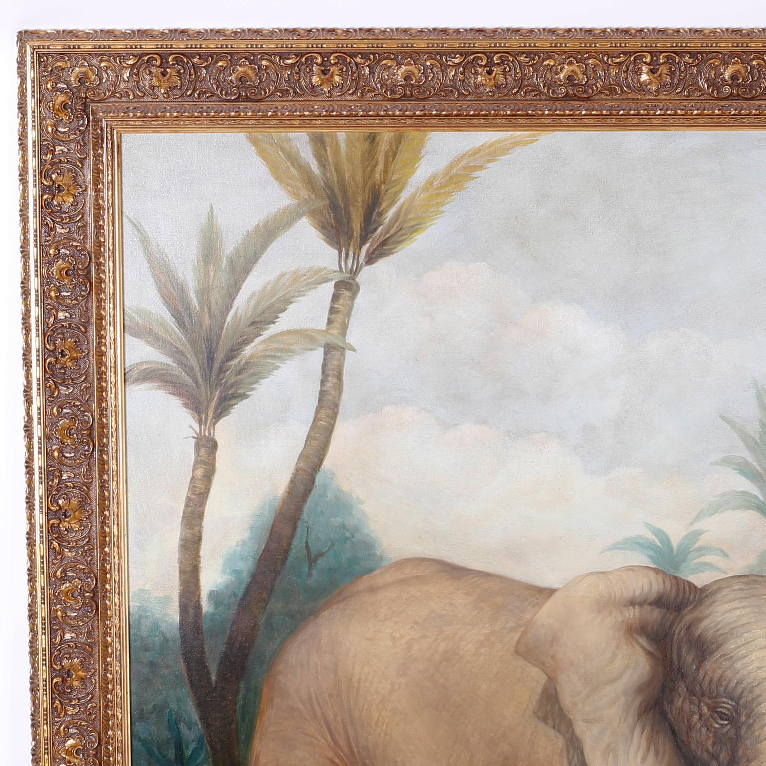 Inspiring oil painting on canvas of an elephant in a tropical setting being offered food by a man in a turban, capturing an emotionally touching moment with a soulful expression of peace and harmony. Indistinctly signed in the lower right.