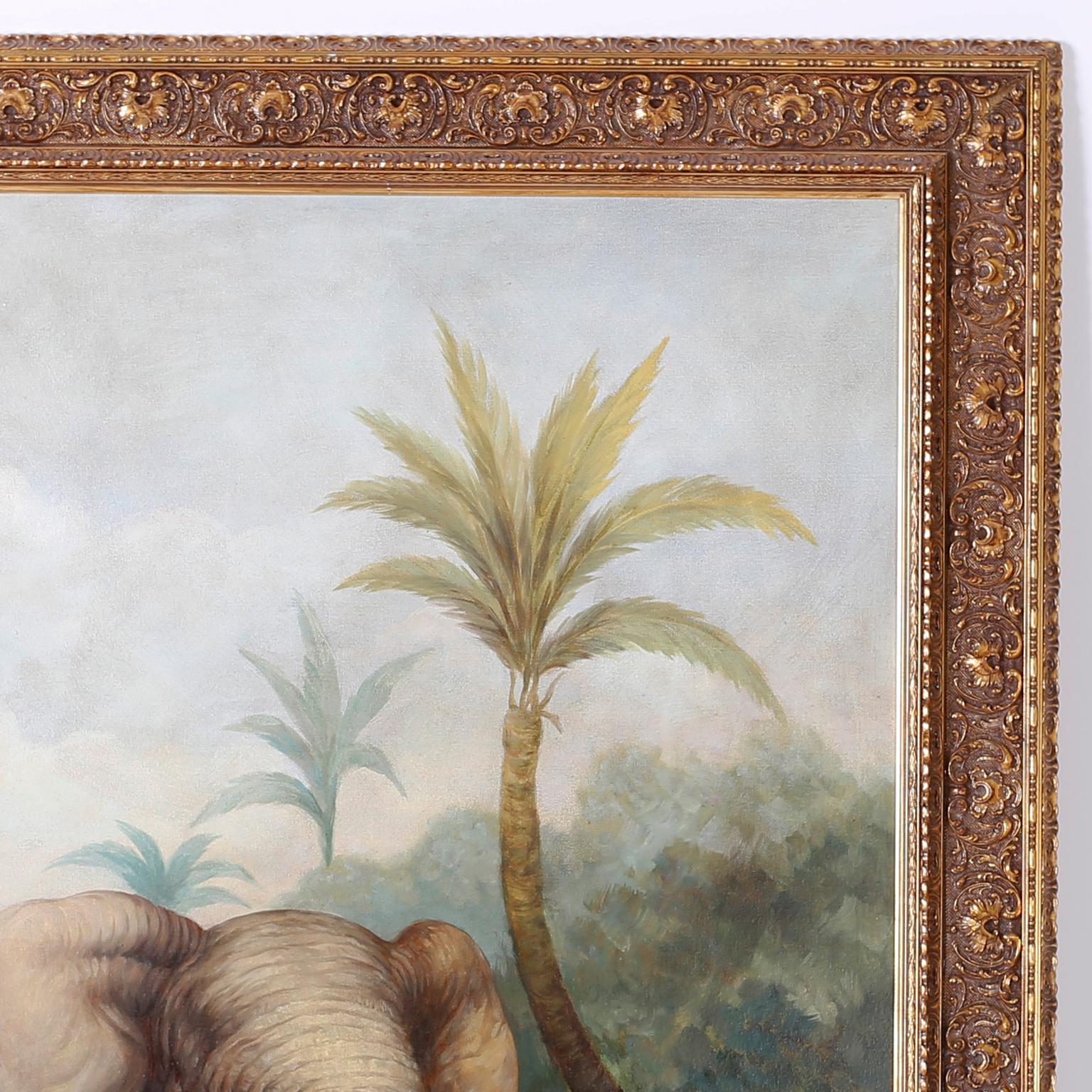 British Colonial Large Oil Painting on Canvas of an Elephant and a Man