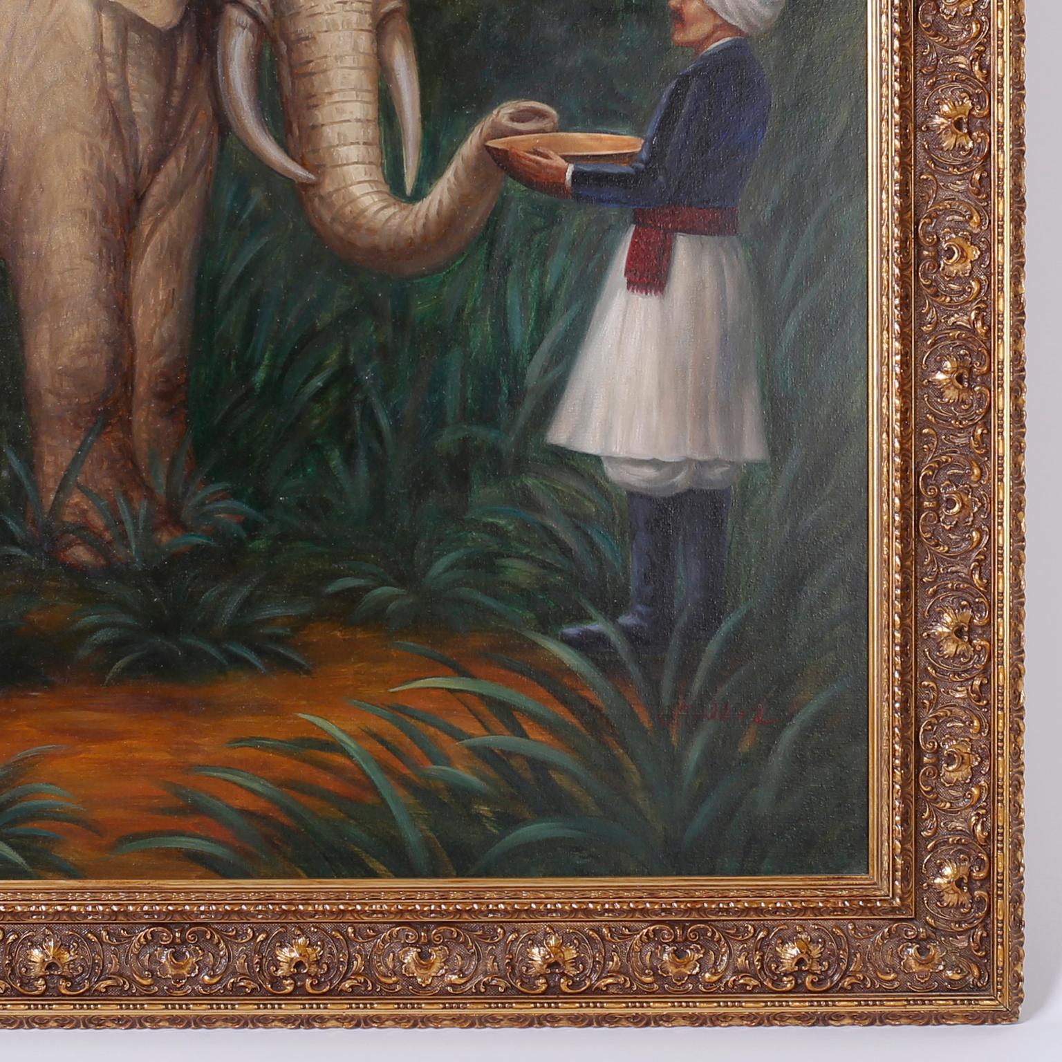 American Large Oil Painting on Canvas of an Elephant and a Man