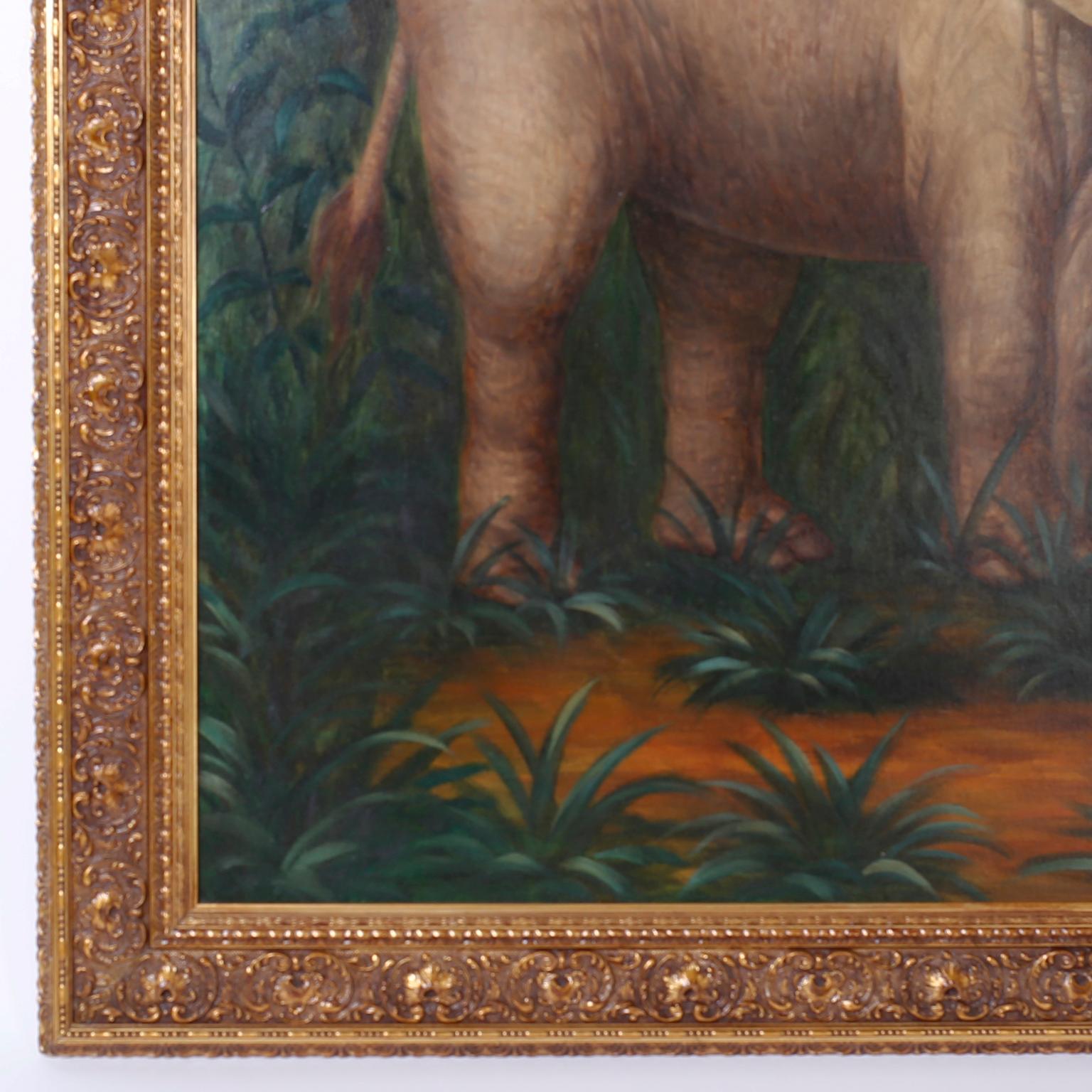 Large Oil Painting on Canvas of an Elephant and a Man In Good Condition In Palm Beach, FL