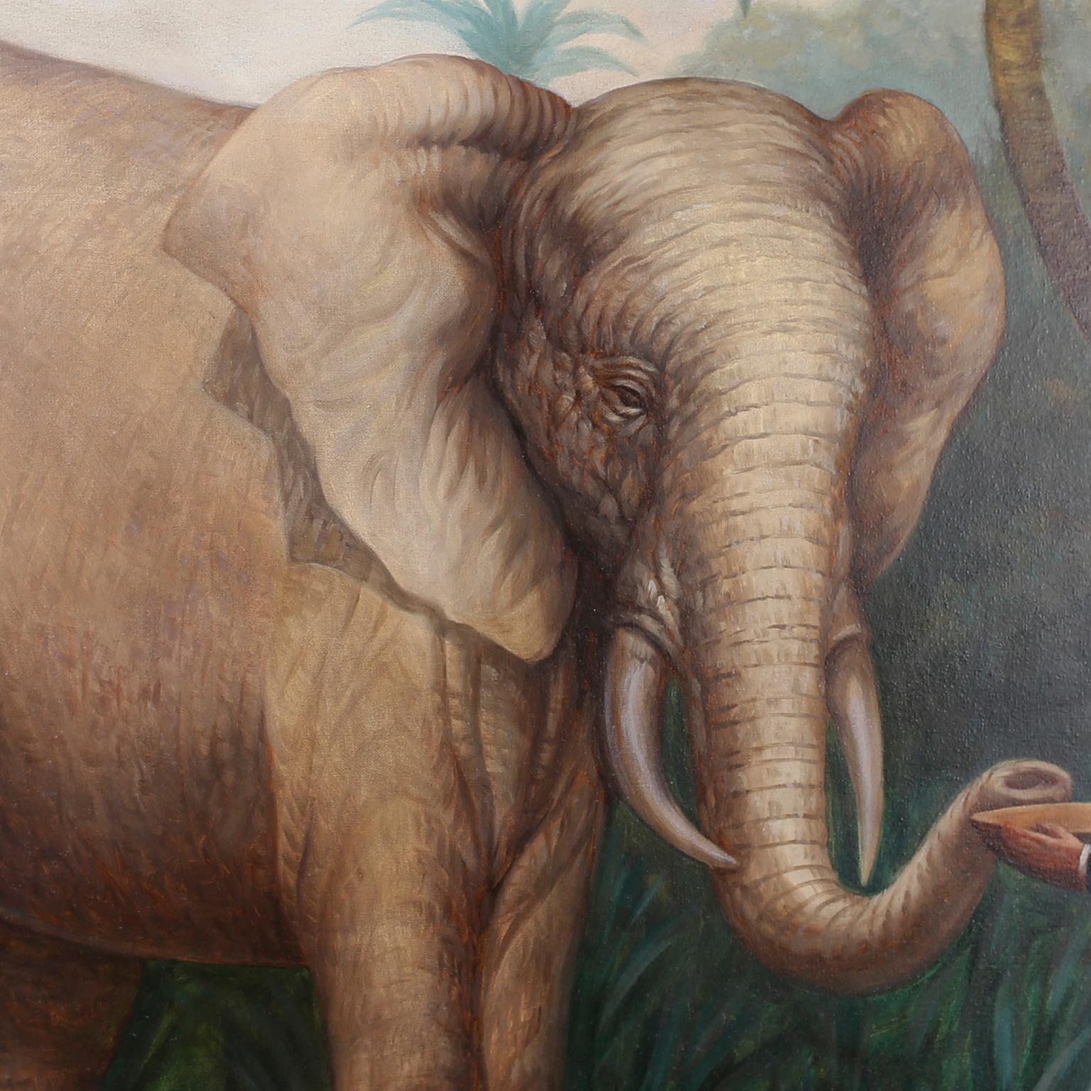 20th Century Large Oil Painting on Canvas of an Elephant and a Man