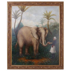 Vintage Large Oil Painting on Canvas of an Elephant and a Man