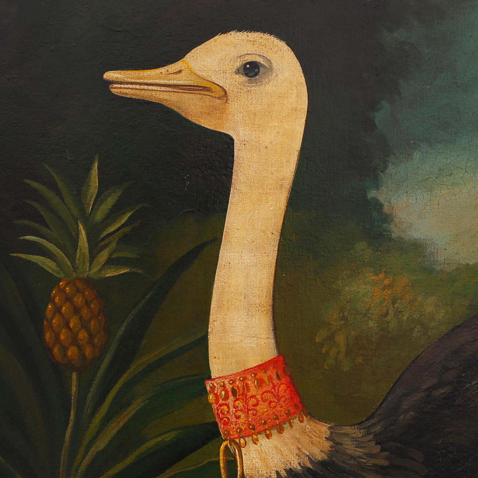 Large painting on canvas of a pet ostrich in a classical setting, painted with a touch of whimsy and executed in the style of a Victorian parlor painting with contrived aging and presented in the original faux tortoise frame. Signed Skilling.