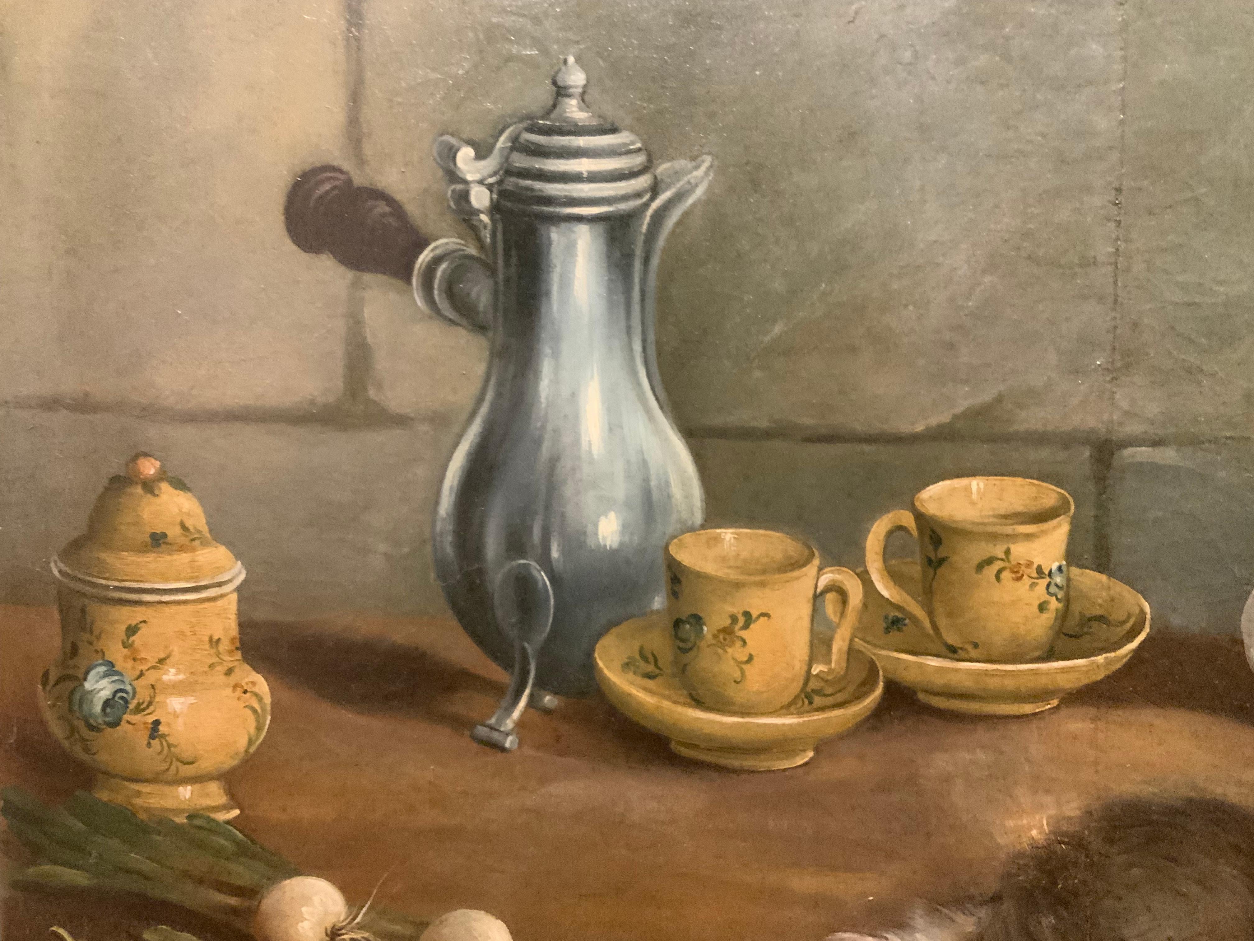 Français Large oil painting on canvas of French kitchen en vente