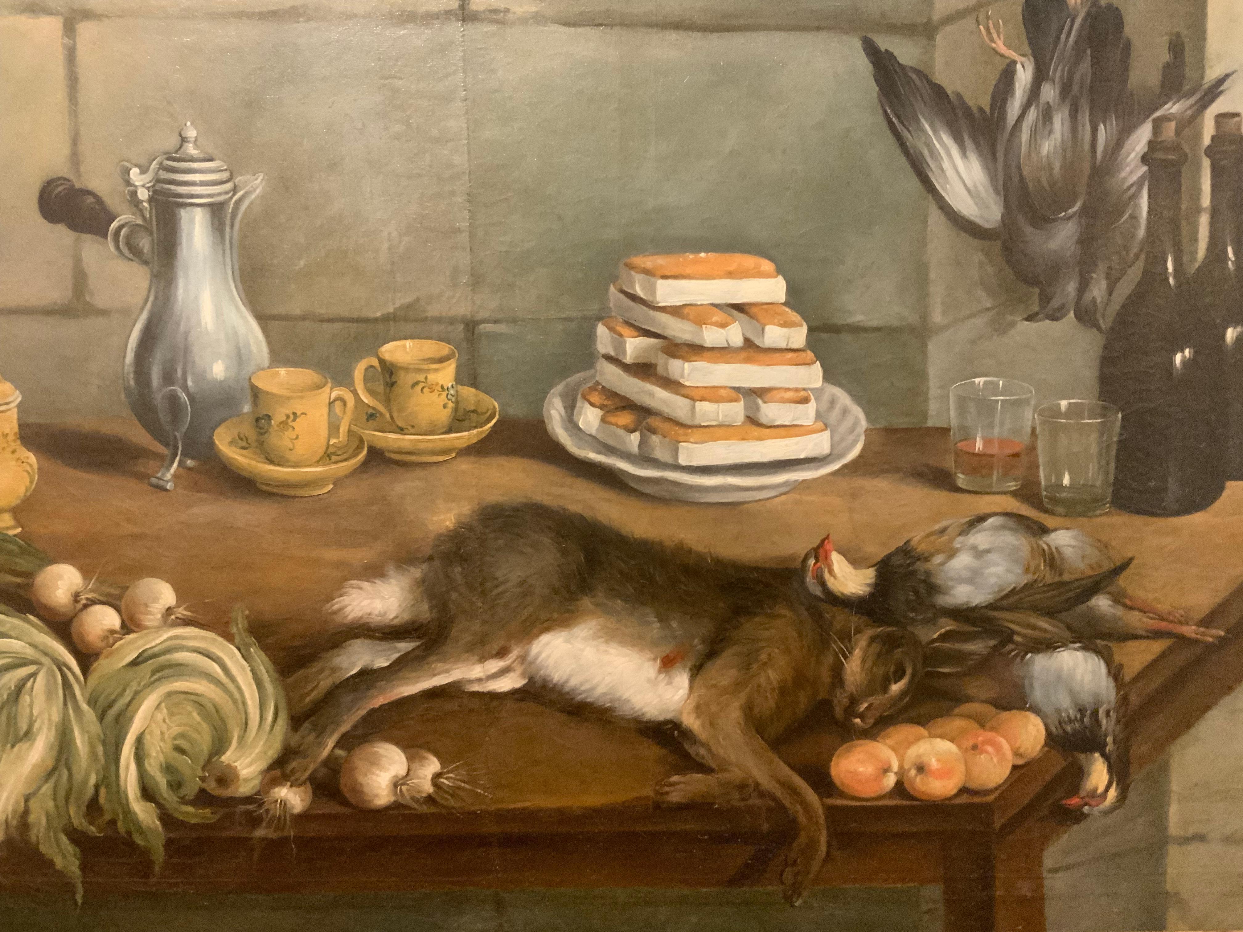 Large oil painting on canvas of French kitchen Excellent état - En vente à Houston, TX