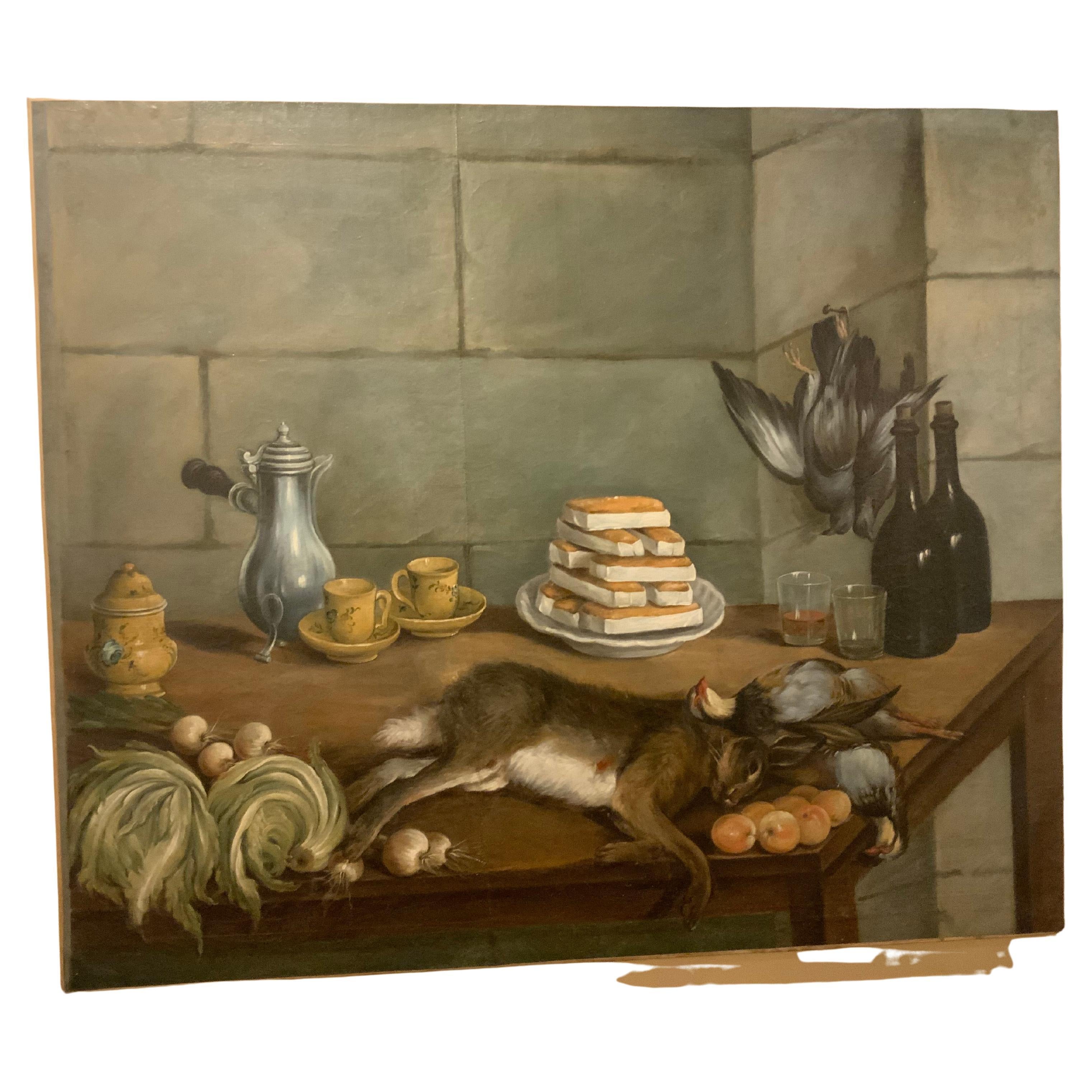 Large oil painting on canvas of French kitchen en vente