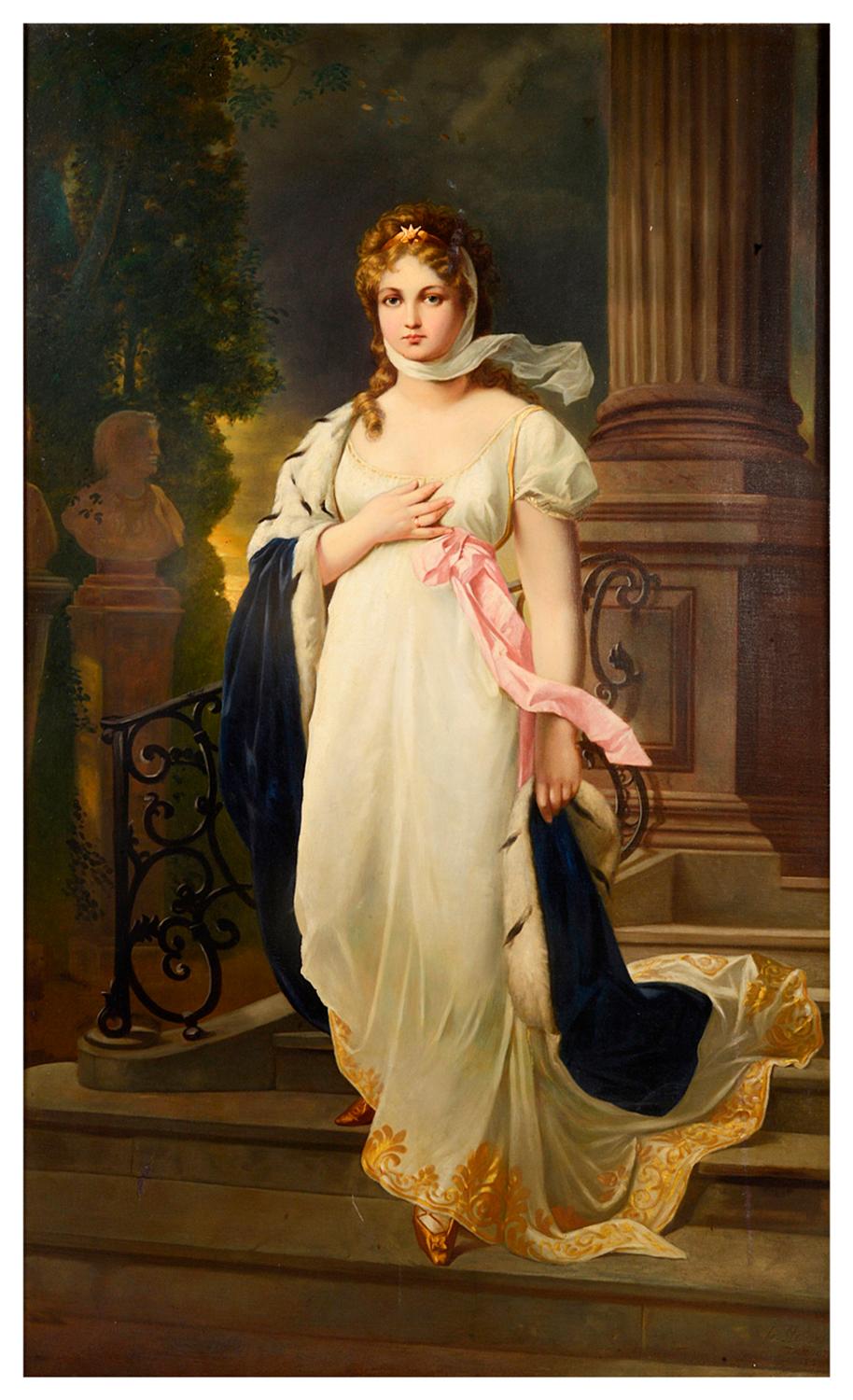 Oil on canvas painting of an extremely famous painting of Louise of Mecklenburg-Strelitz, the celebrated 19th century Prussian Queen. The subject of this portrait is the Duchess Louise of Mecklenburg-Strelitz (1776-1810), the famed Queen consort of