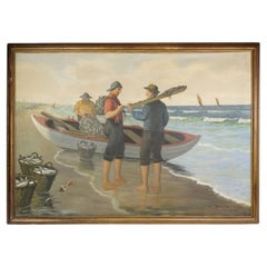 Large Oil Painting on Canvas with Motif of Two Fishermen with a Boat and Sea