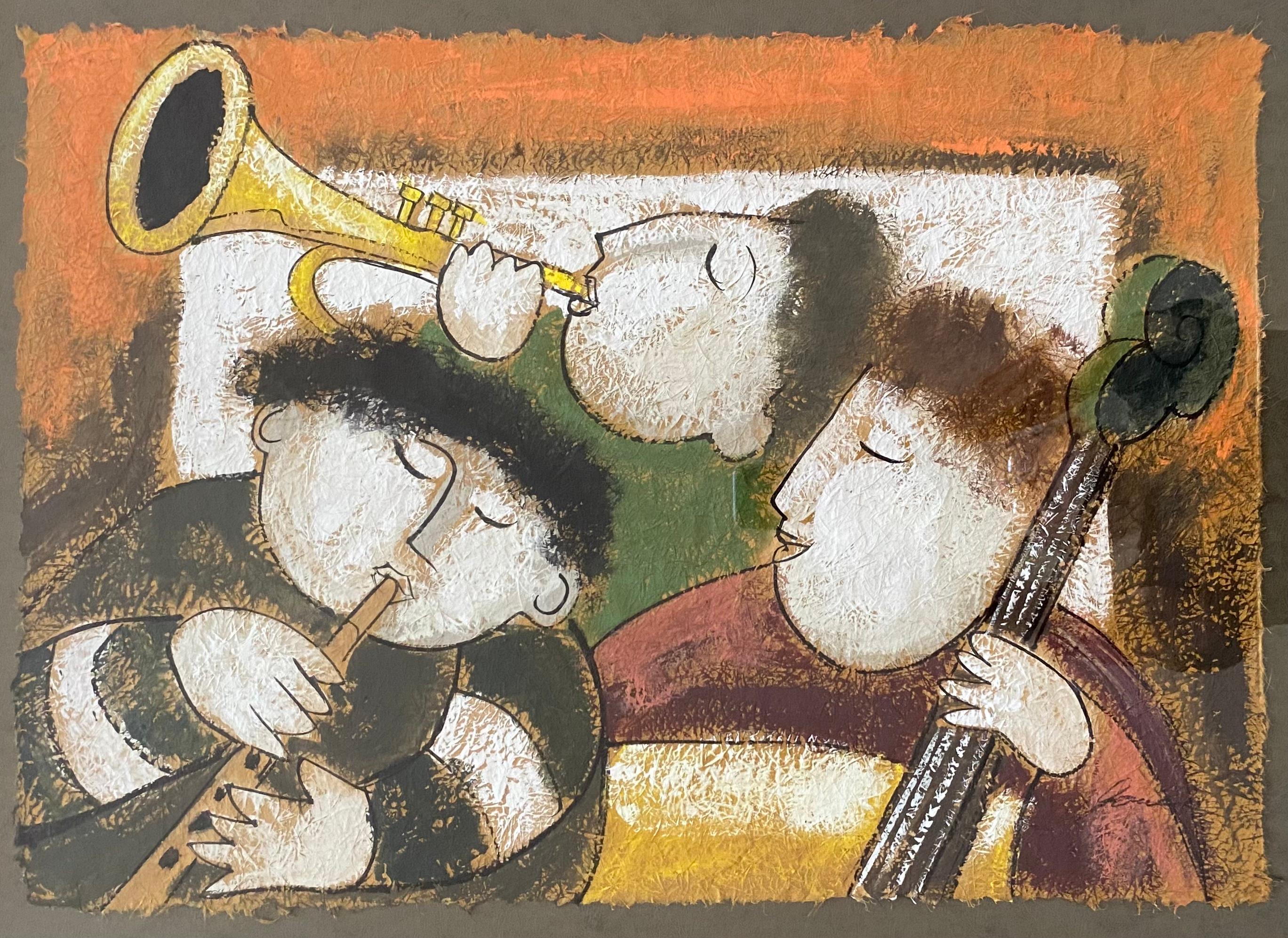 An original oil painting on rice paper of three musicians by listed painter Joyce Roybal (born 1955). Roybal is well known for his whimsical cartoonish child genre paintings known as ‘Puffy People’. This example depicts three child musicians