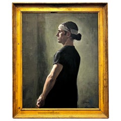 Large Oil Painting Portrait of a Man With Headband, Signed Warda