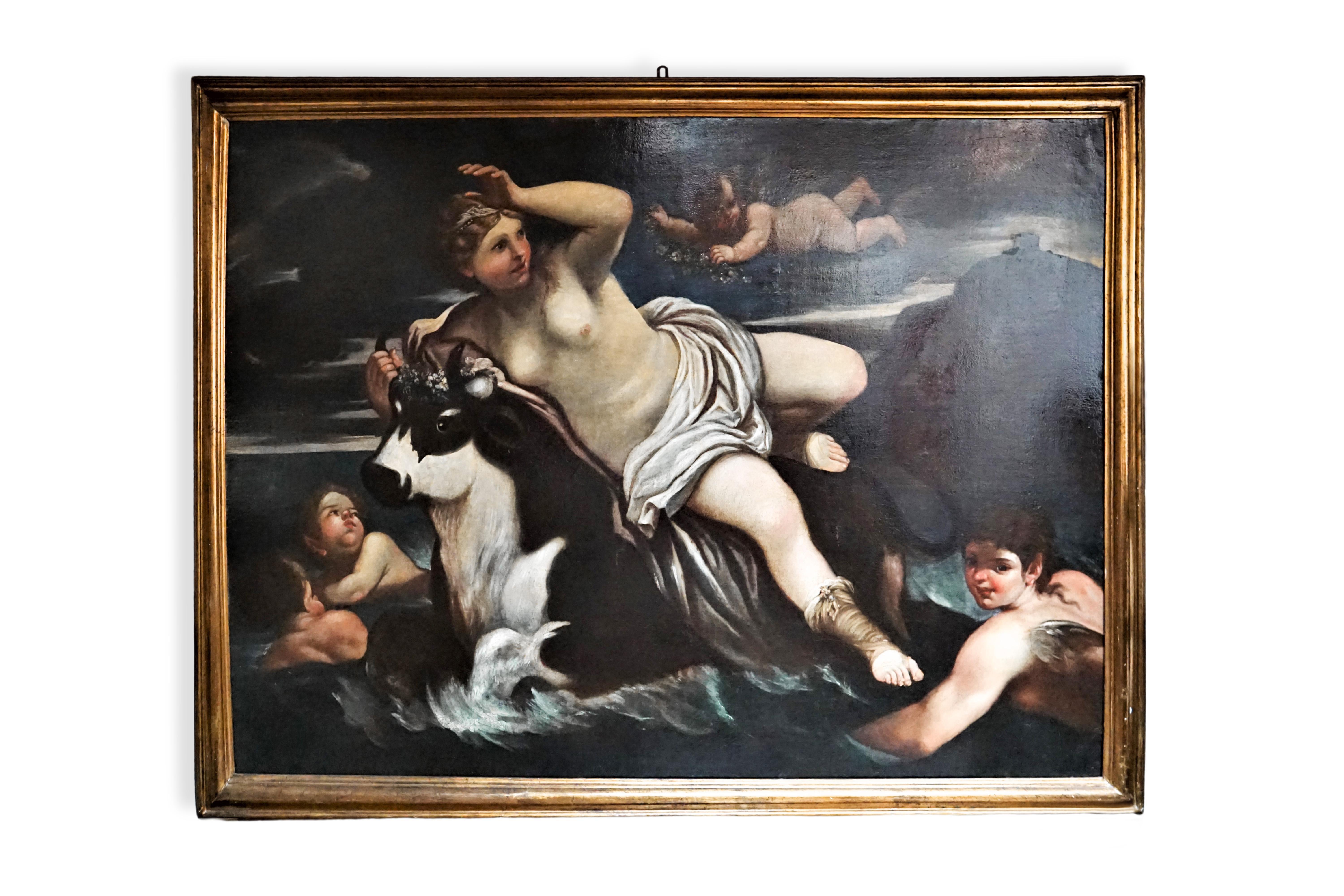 Large oil painting on canvas, Rape of Europe, 18th century, more modern frame. Dimensions: 190x130cm. Good condition - used with small signs of aging & blemishes ADDITIONAL PHOTOS AND INFORMATION CAN BE REQUESTED BY EMAIL. WE SHIP WORLDWIDE, WRITE