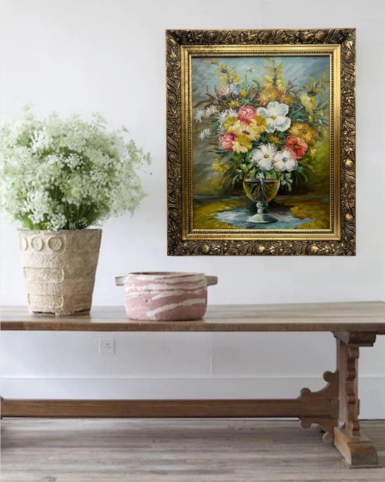 Stunning oil painting framed in an exquisite gilt double wooden frame.

Title: “