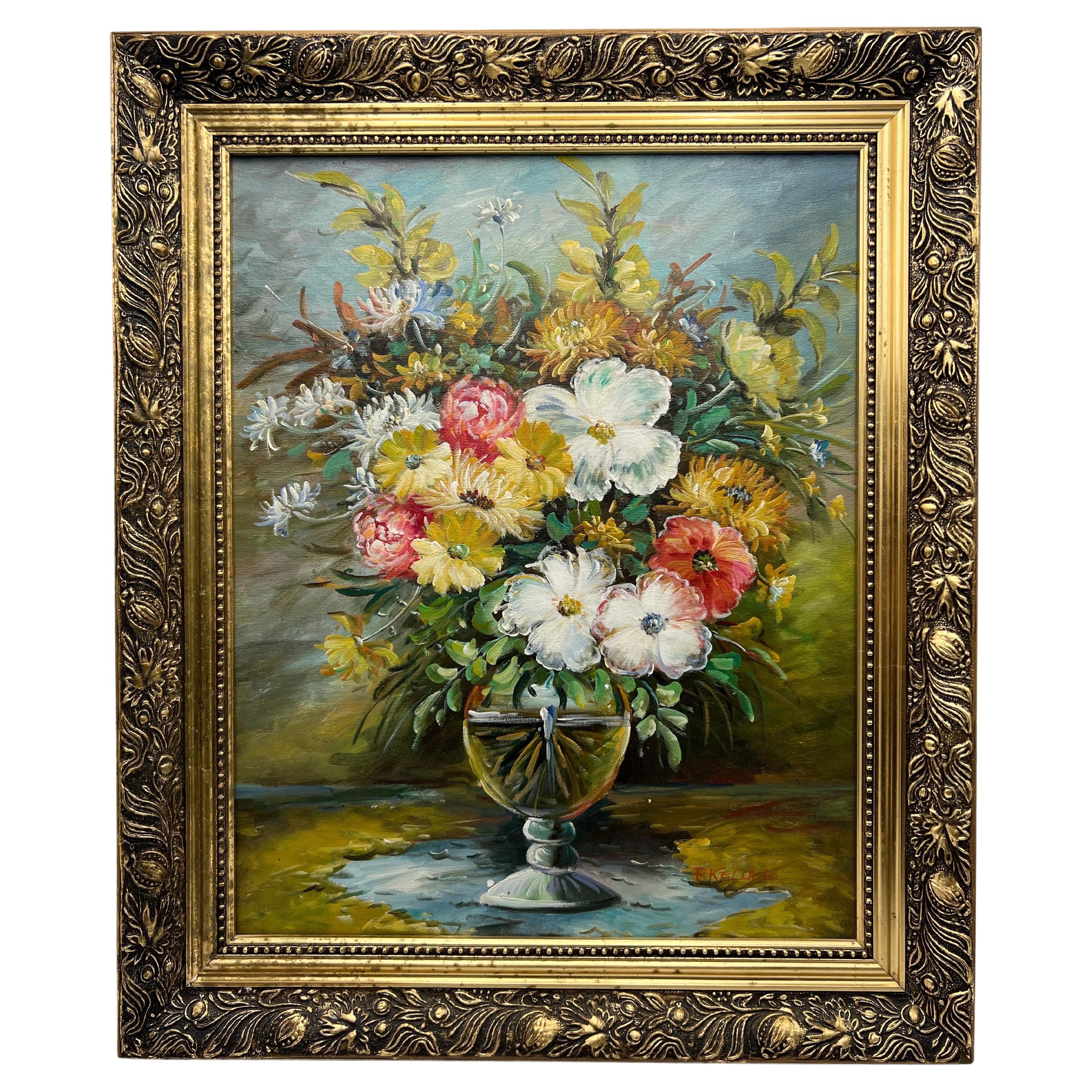 Large Oil Painting "Still Life Floral", Oil on Canvas, Signed, H.61.5xW.51.2cm For Sale