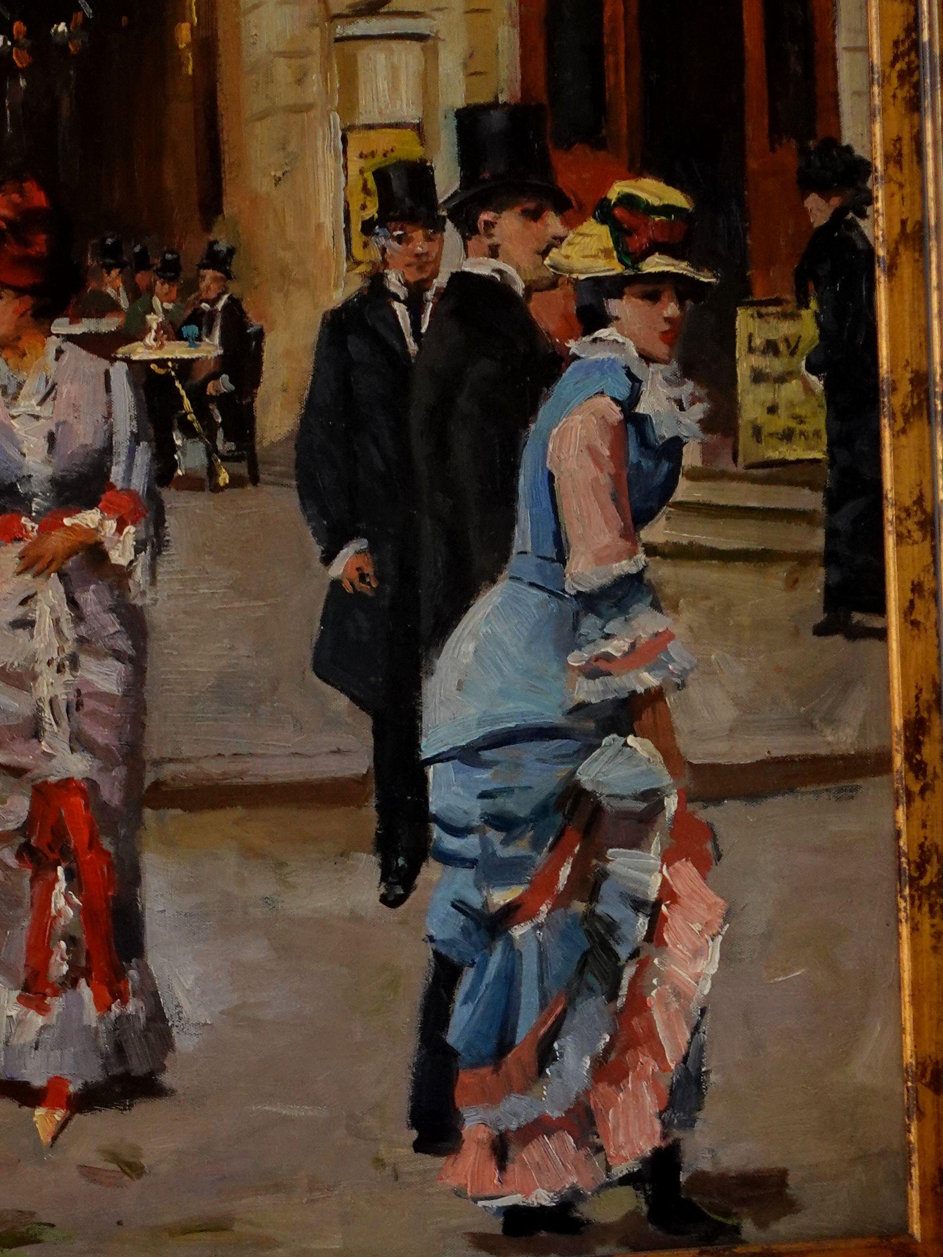 American Large Oil Painting Theatre de Vaudevile by Hartman Signed For Sale