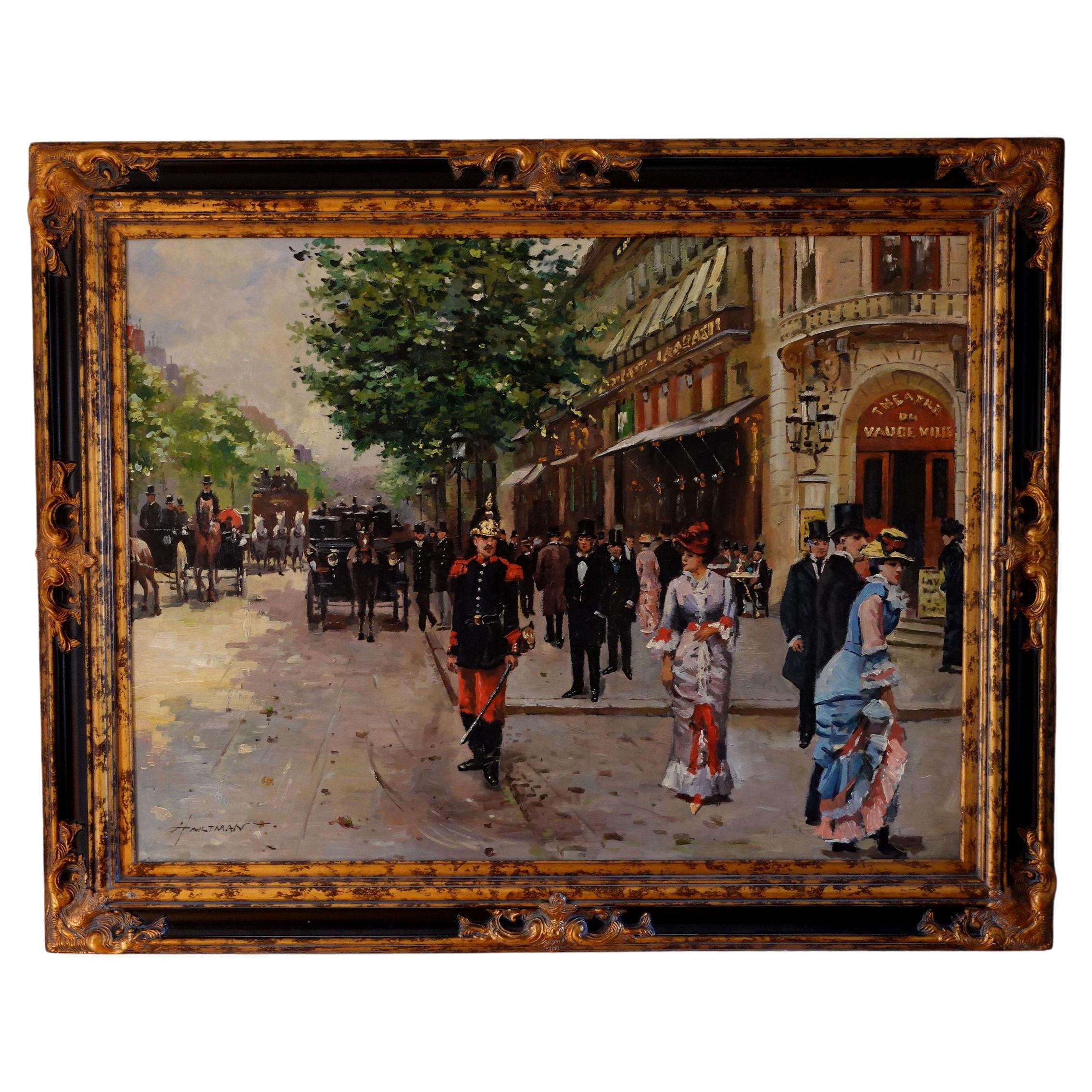 Large Oil Painting Theatre de Vaudevile by Hartman Signed For Sale