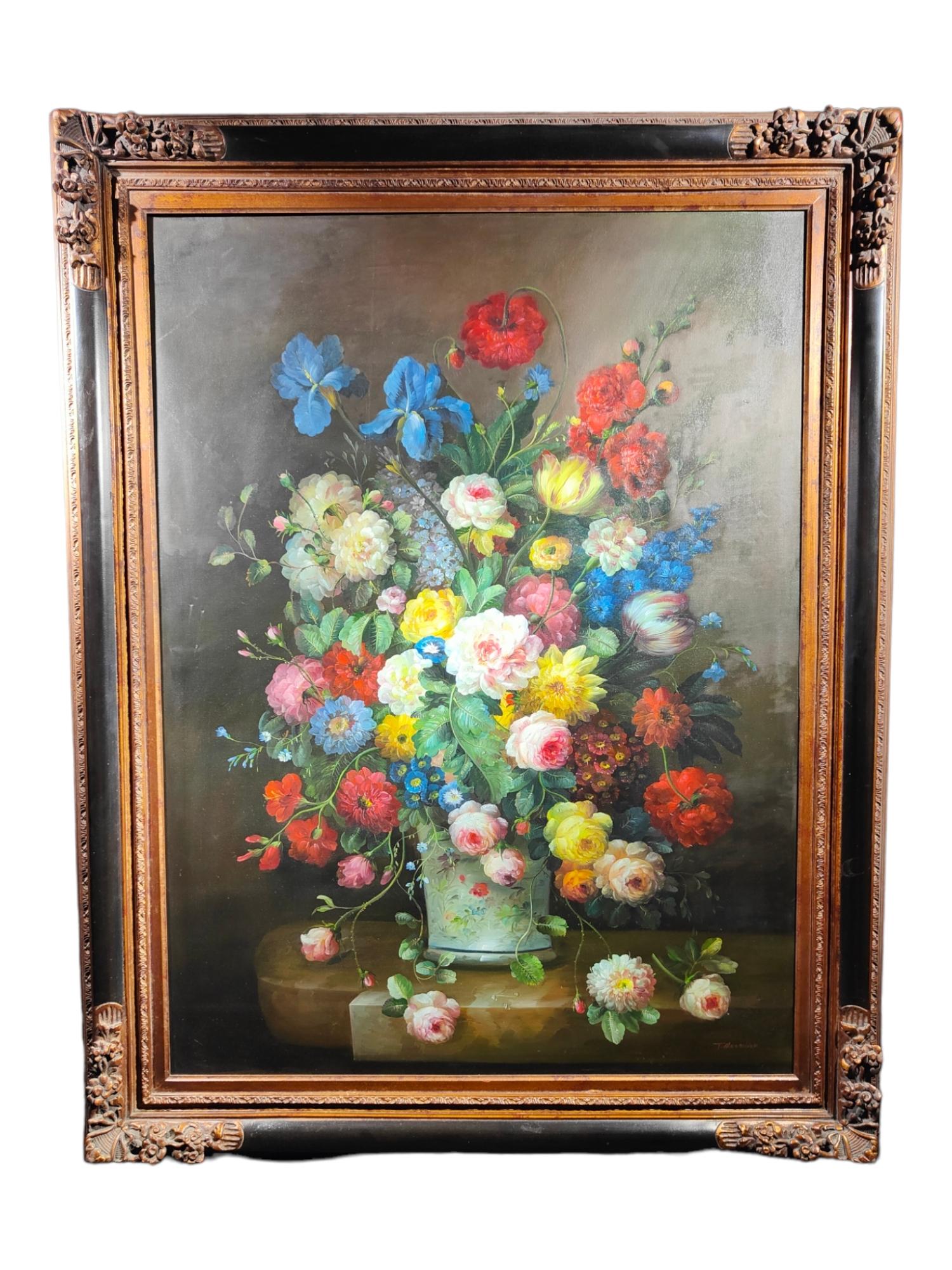 Großes Öl mit Blumen signiert von Terence Alexander
SEHR DEKORATIVES ÖL AUF LEINWAND VON TERENCE ALEXANDER, UM 1950. MASSE 146X115 UND 122X91 CM