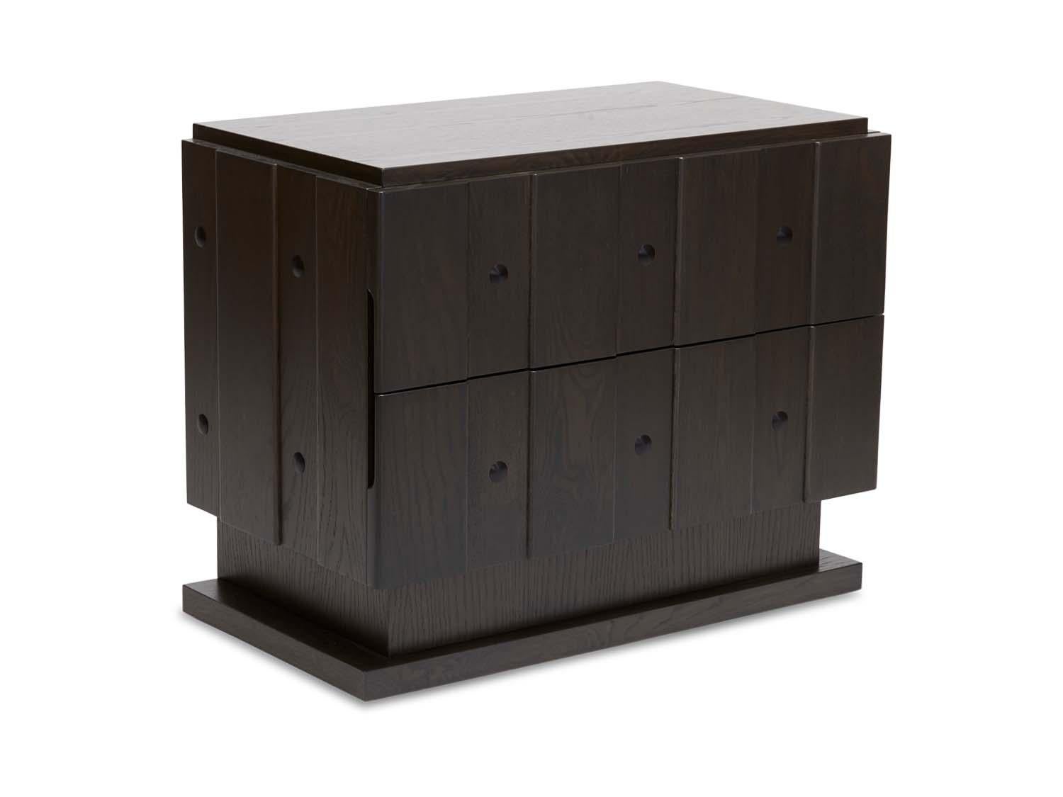 The Ojai nightstand features board and batten doors with iron details and two drawers. Available in two sizes and in American walnut and white oak.

Inspired by the refined simplicity and subtle detailing of early 20th century Swedish furniture