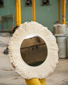 Large Ojo Mirror Handmade Raw Cotton Sunburst Space Jewelry Wall Hanging