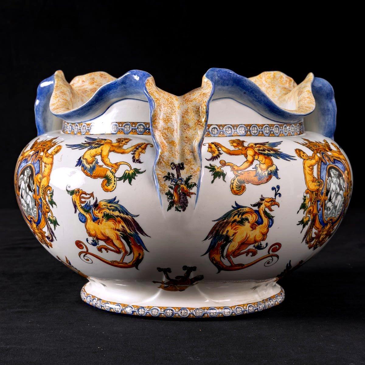 Greco Roman Large Old Cache Pot, Earthenware from Gien, Italian Renaissance Decor, XIXth For Sale