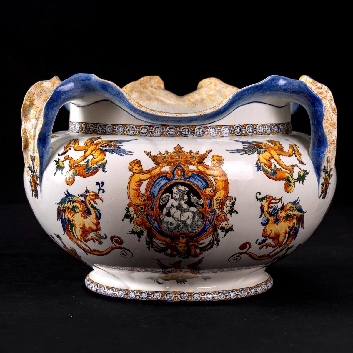 XIXe siècle Grand pot à cache ancien, faïence de Gien, décor Renaissance italienne, XIXème en vente
