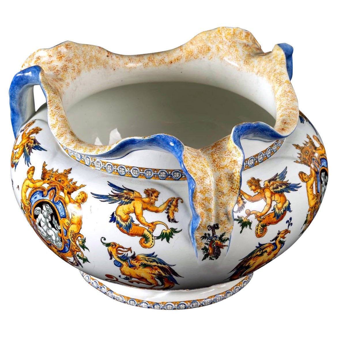 Large Old Cache Pot, Earthenware from Gien, Italian Renaissance Decor, XIXth For Sale