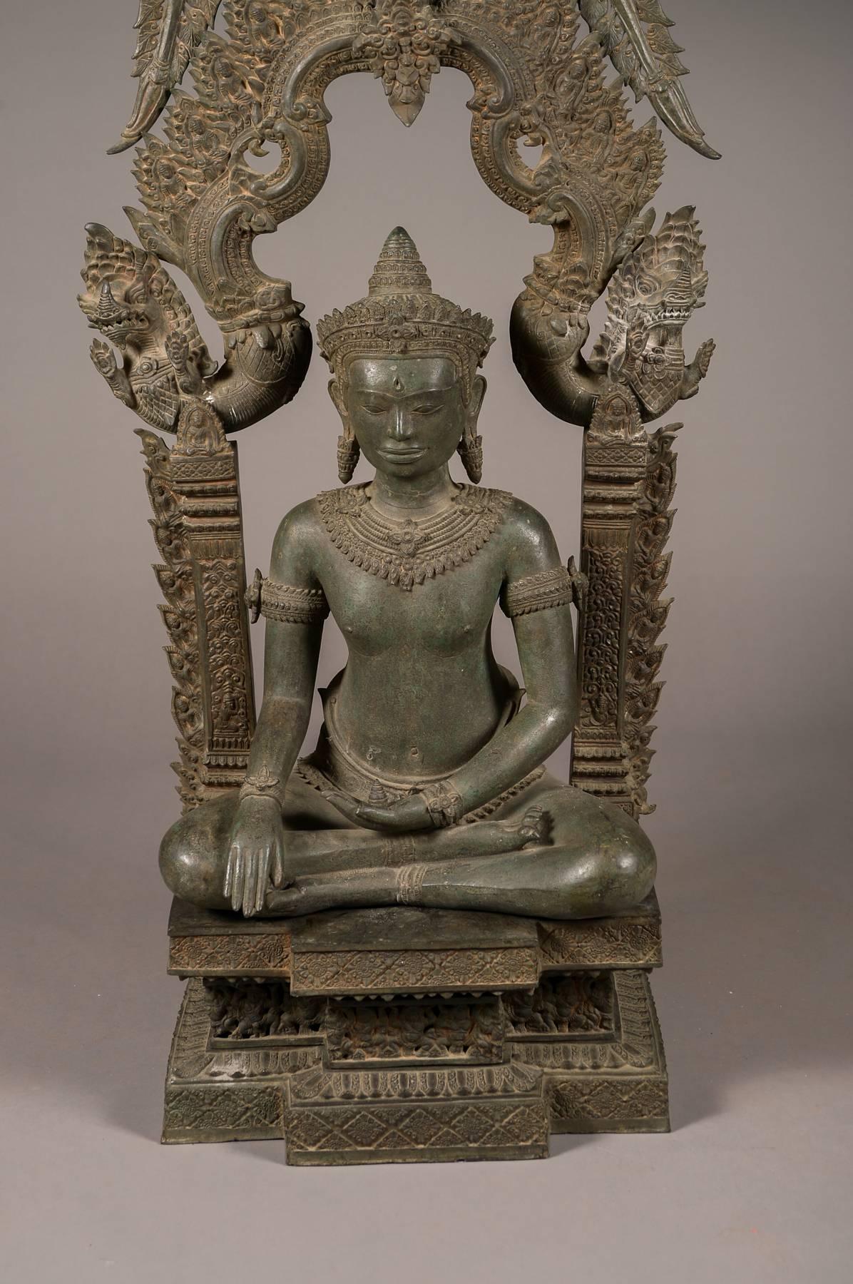 20th Century Large Old Cambodian Bronze Temple Buddha