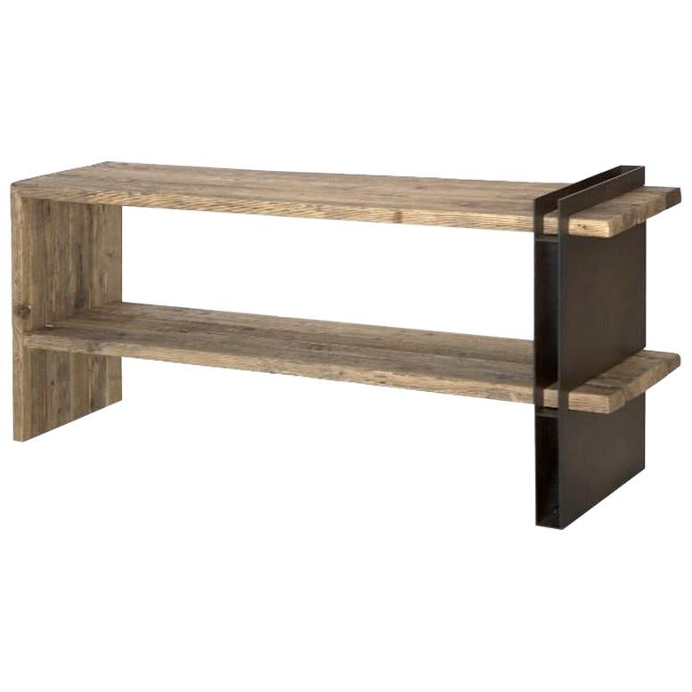 Grande table de bureau/console en bois et fer vieilli avec deux étagères, fabriquée en Italie