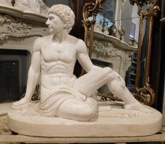 Large Old Full-Length Sculpture Male Sitting in White Marble, 1930 Italy