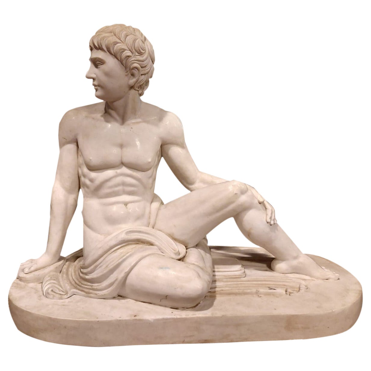 Large Old Full-Length Sculpture Male Sitting in White Marble, 1930 Italy