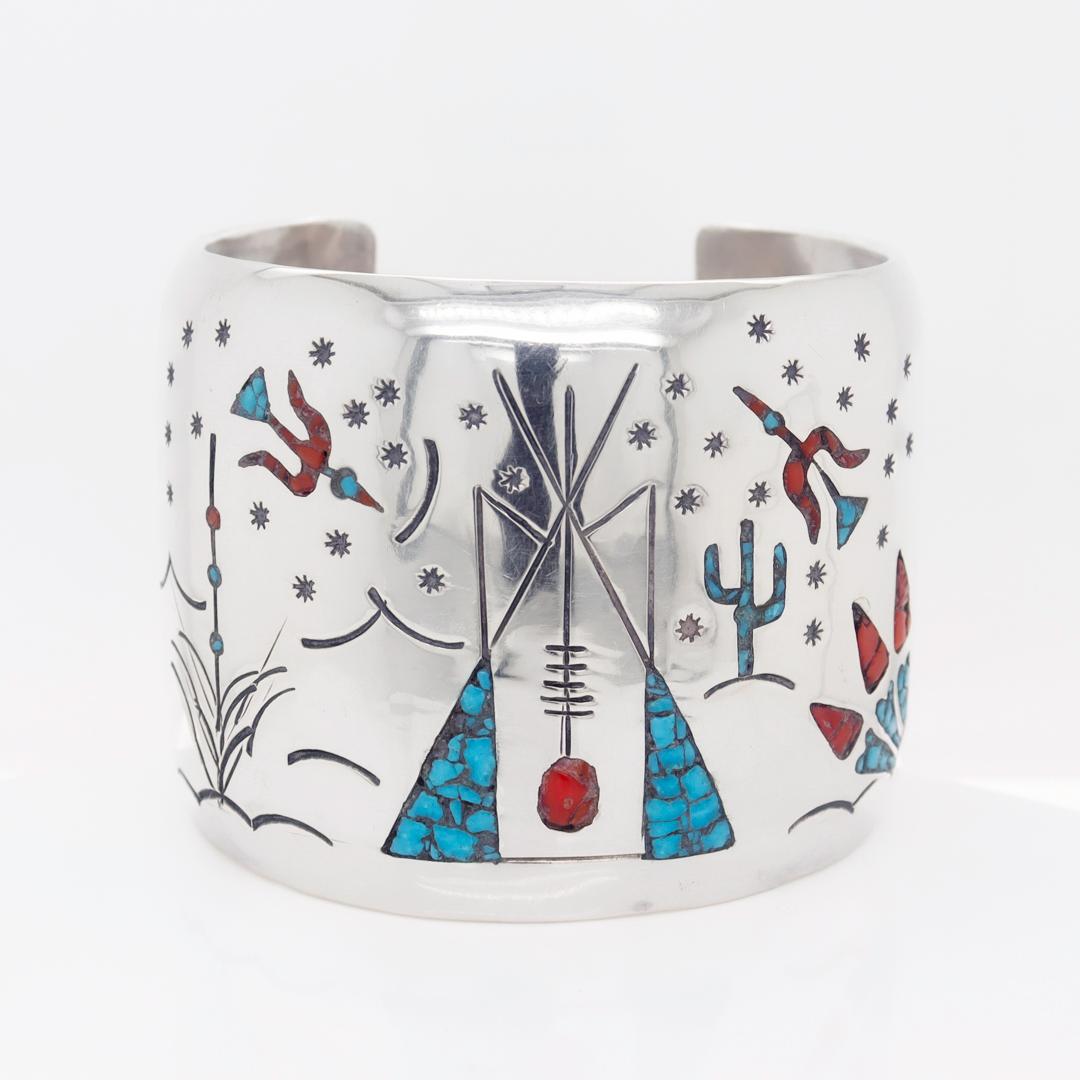 Native American Large Old Pawn Navajo Teepee Design Silver, Turquoise, & Coral Cuff Bracelet For Sale