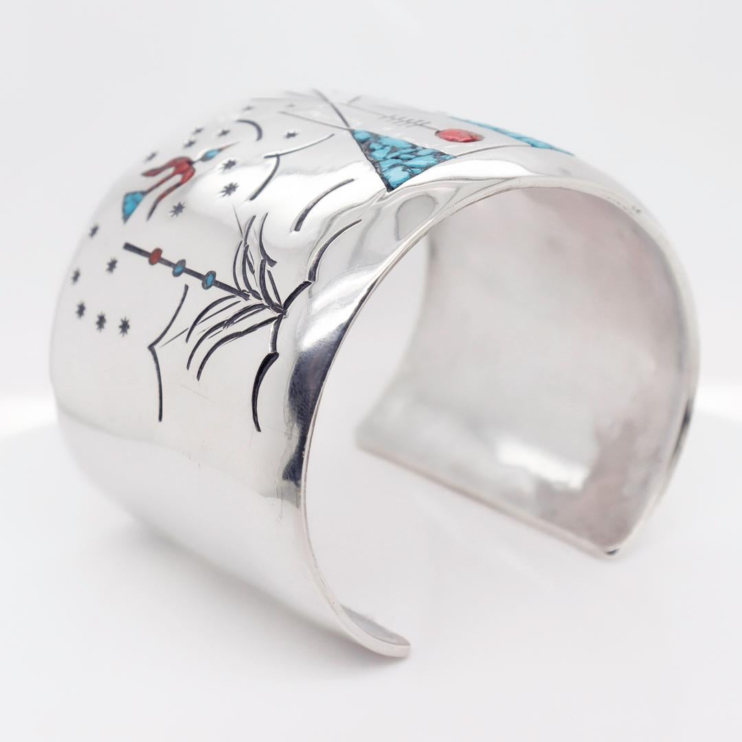 Round Cut Large Old Pawn Navajo Teepee Design Silver, Turquoise, & Coral Cuff Bracelet For Sale