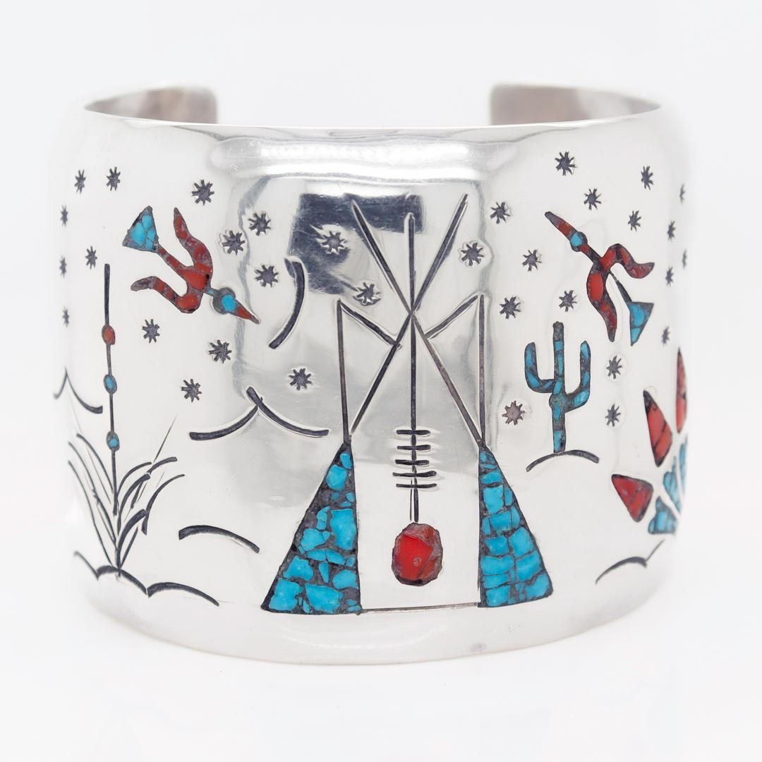 Large Old Pawn Navajo Teepee Design Silver, Turquoise, & Coral Cuff Bracelet For Sale 3