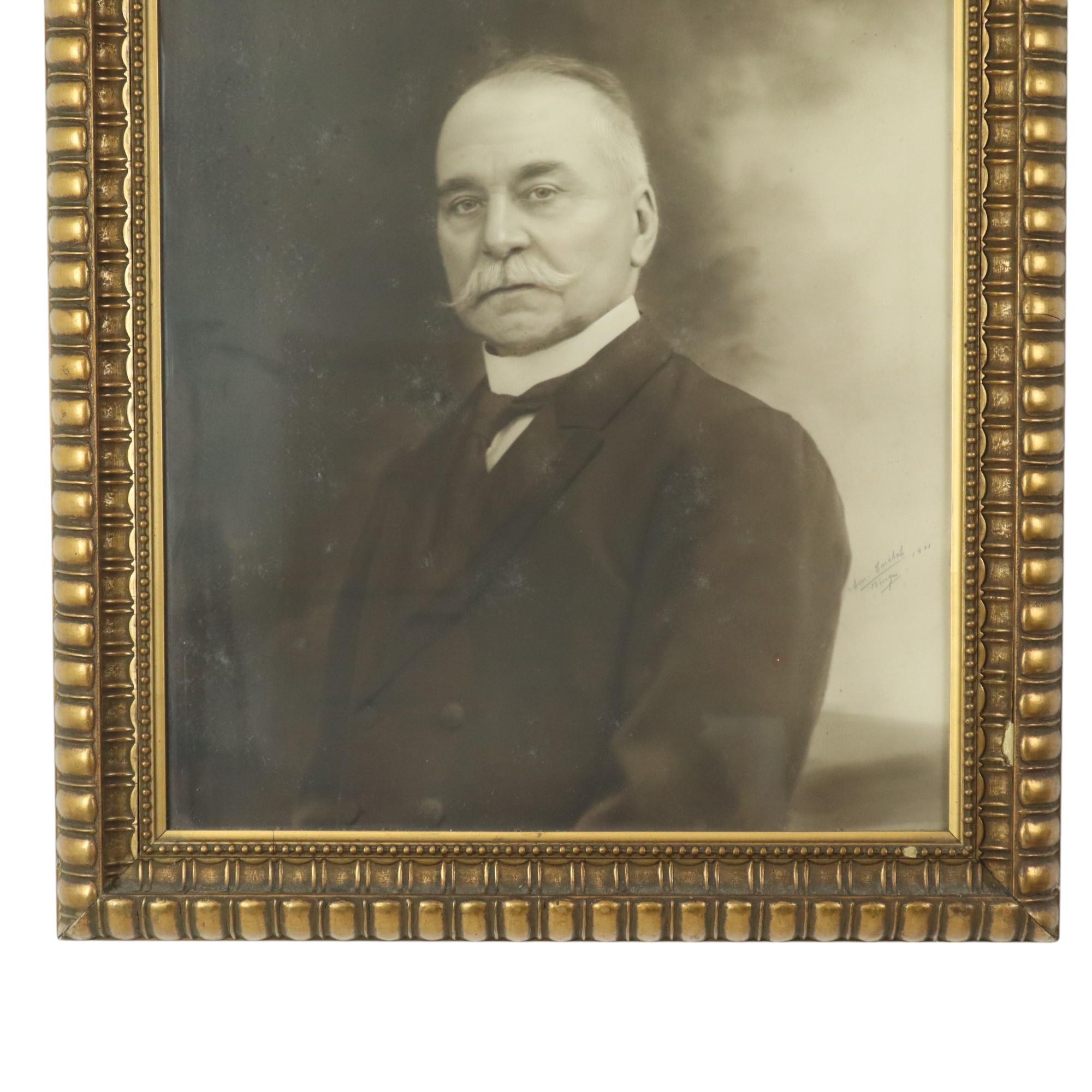 Art Nouveau Large Old Photo Portrait Old Man Gold Frame Resin Bruges 1921 For Sale