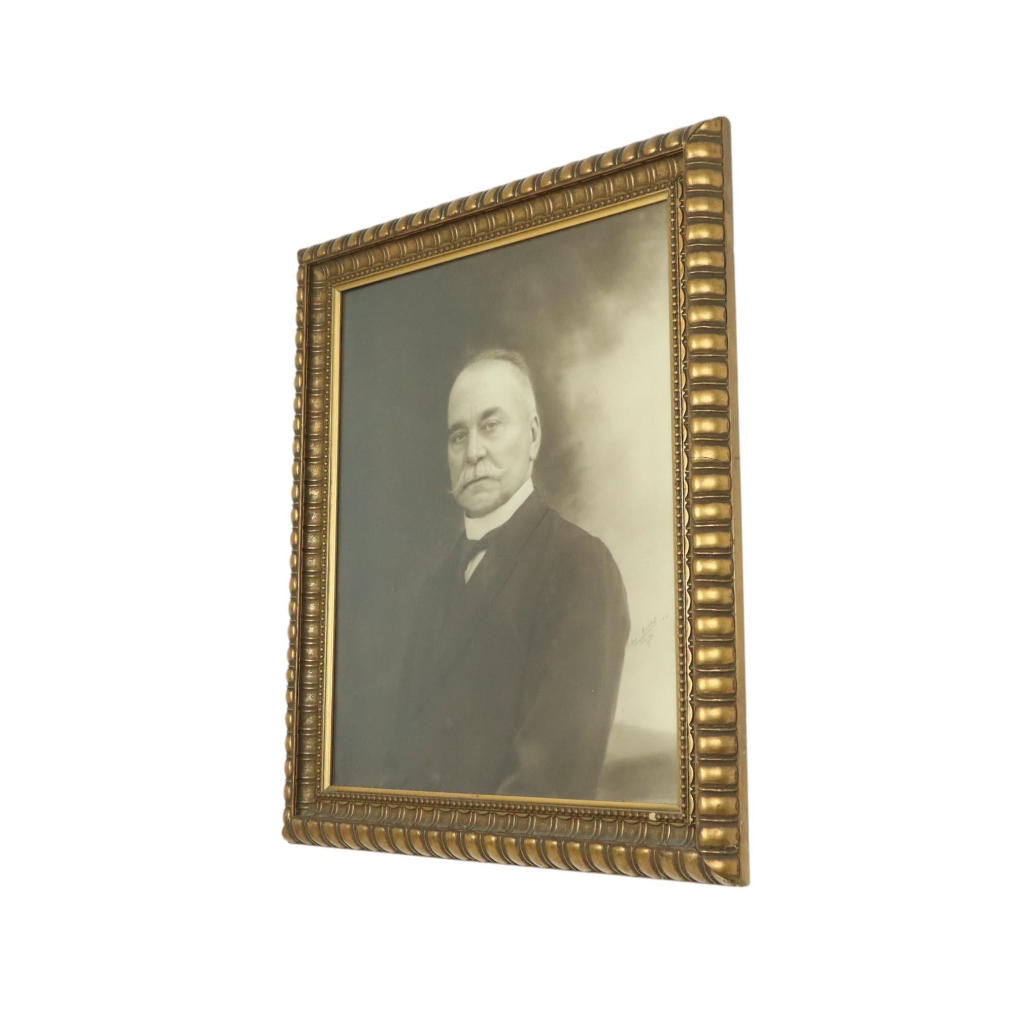 Early 20th Century Large Old Photo Portrait Old Man Gold Frame Resin Bruges 1921 For Sale