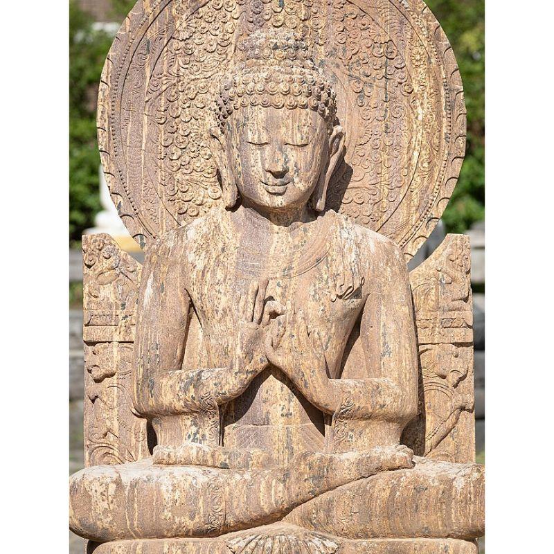 Material: Sandstone
Material: wood
151,5 cm high 
82,5 cm wide and 46 cm deep
Hand carved from a single block of sandstone
Dharmachakra mudra
Originating from India
Middle / late 20th century
Very nice quality !
From the state Odissa in