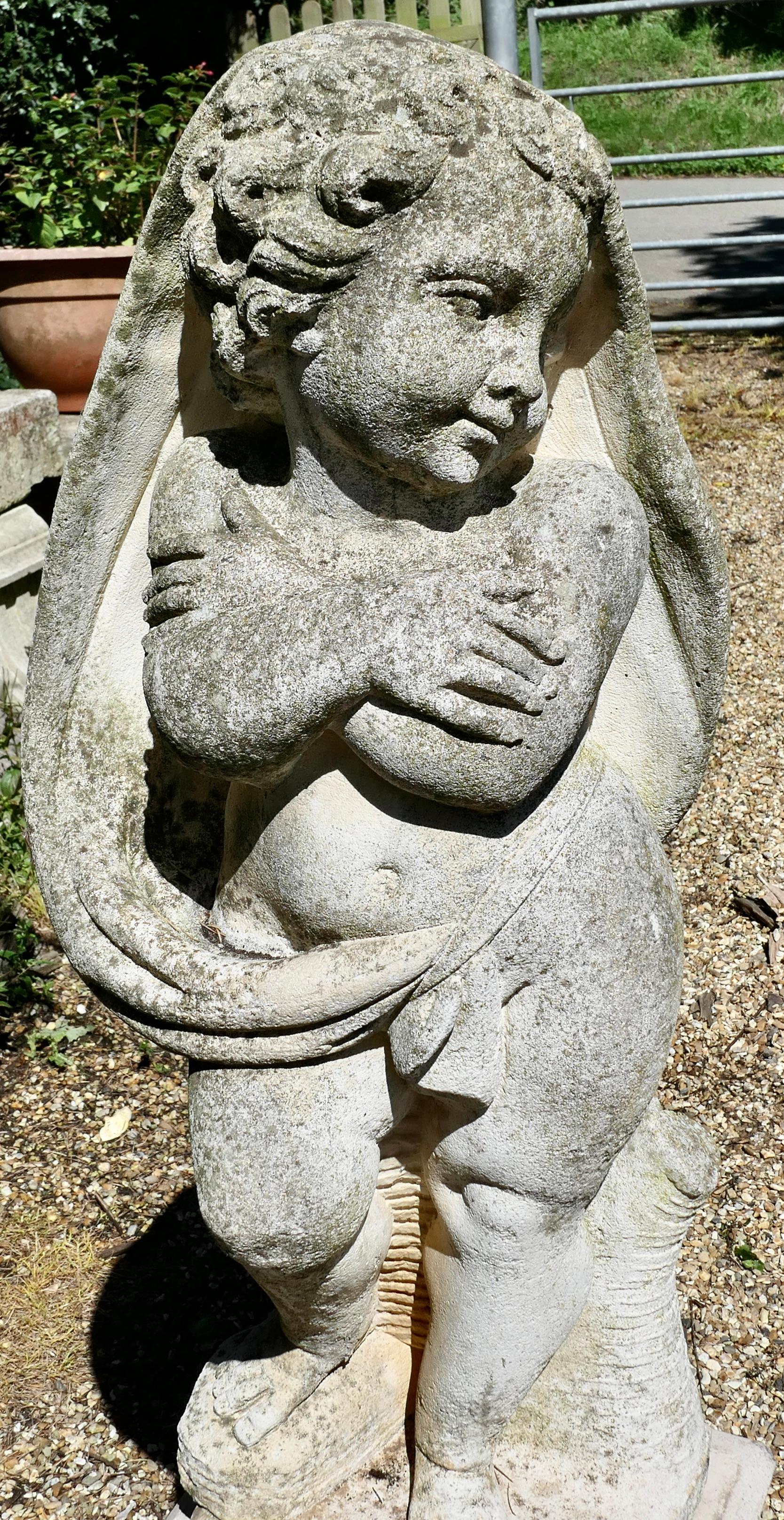 Large Old Weathered Statue of  a Cherub or Putti Set on a Plinth   In Good Condition For Sale In Chillerton, Isle of Wight