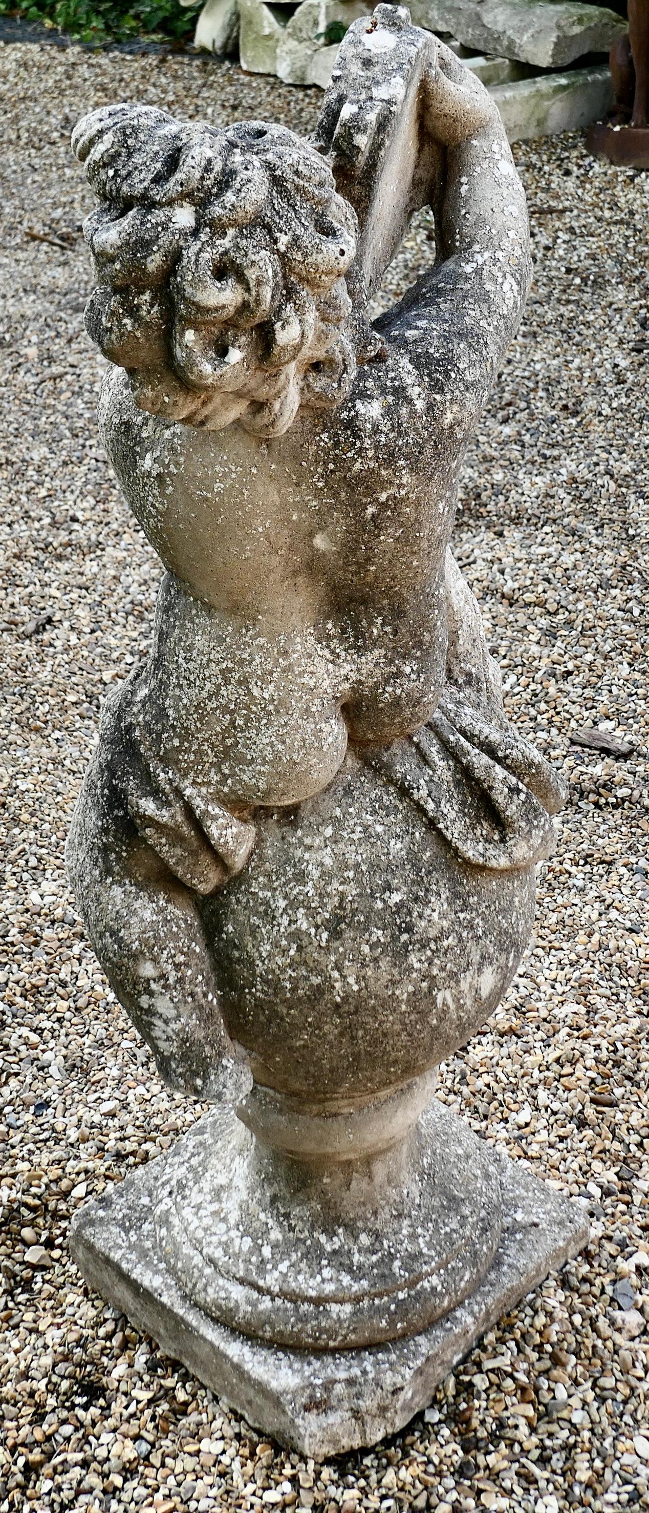 Belle Époque Large Old Weathered Statue of a Putti Playing Tambourine