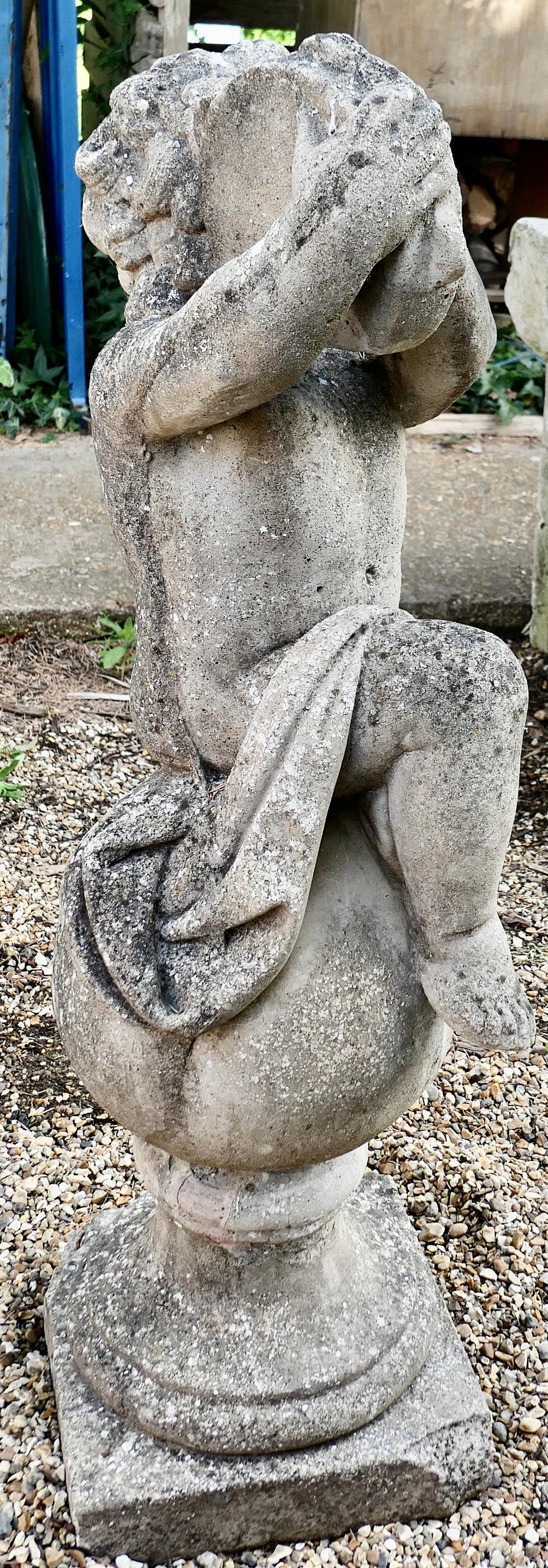 Large Old Weathered Statue of a Putti Playing Tambourine In Good Condition In Godshill, Isle of Wight