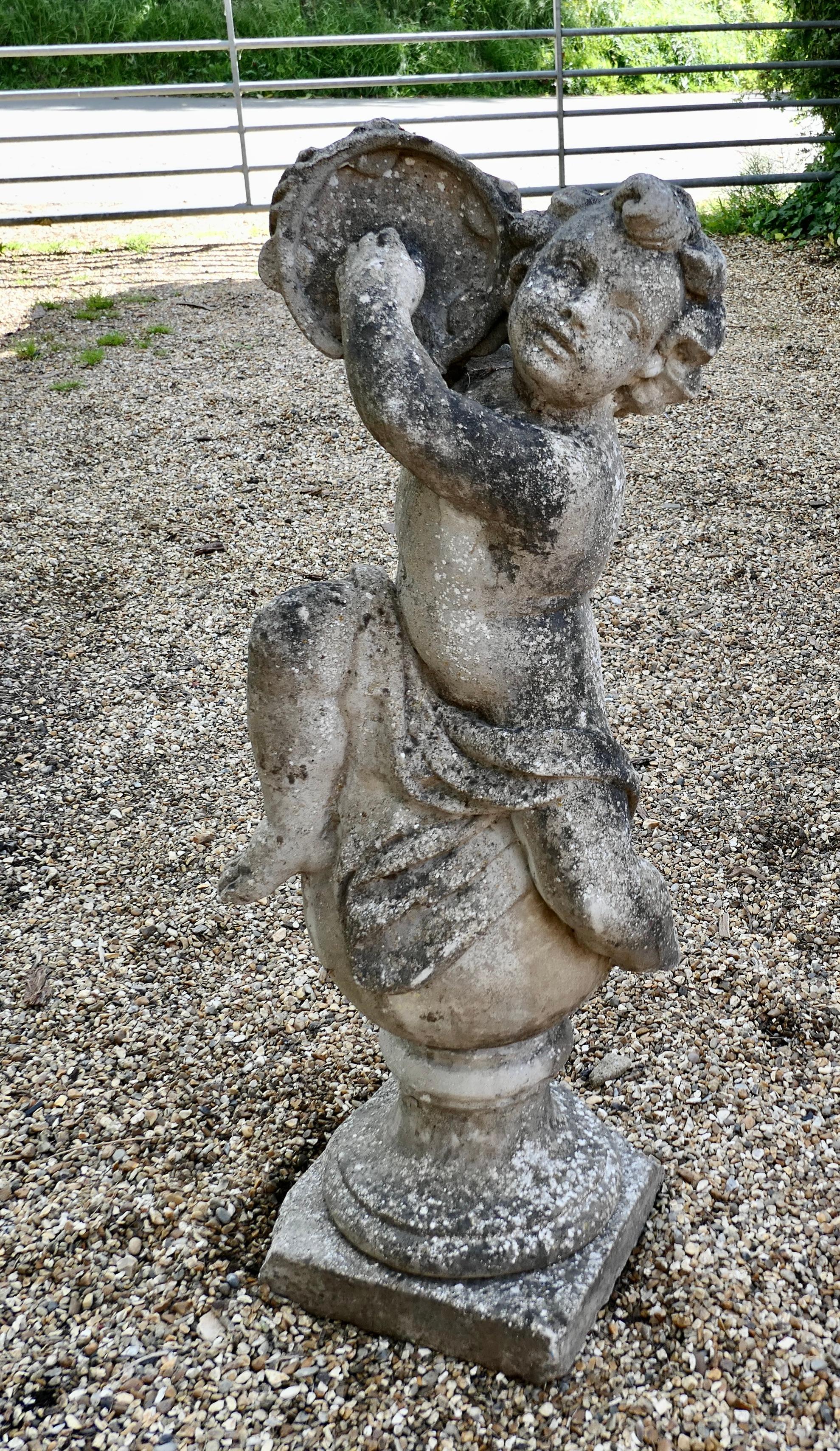Cast Stone Large Old Weathered Statue of a Putti Playing Tambourine