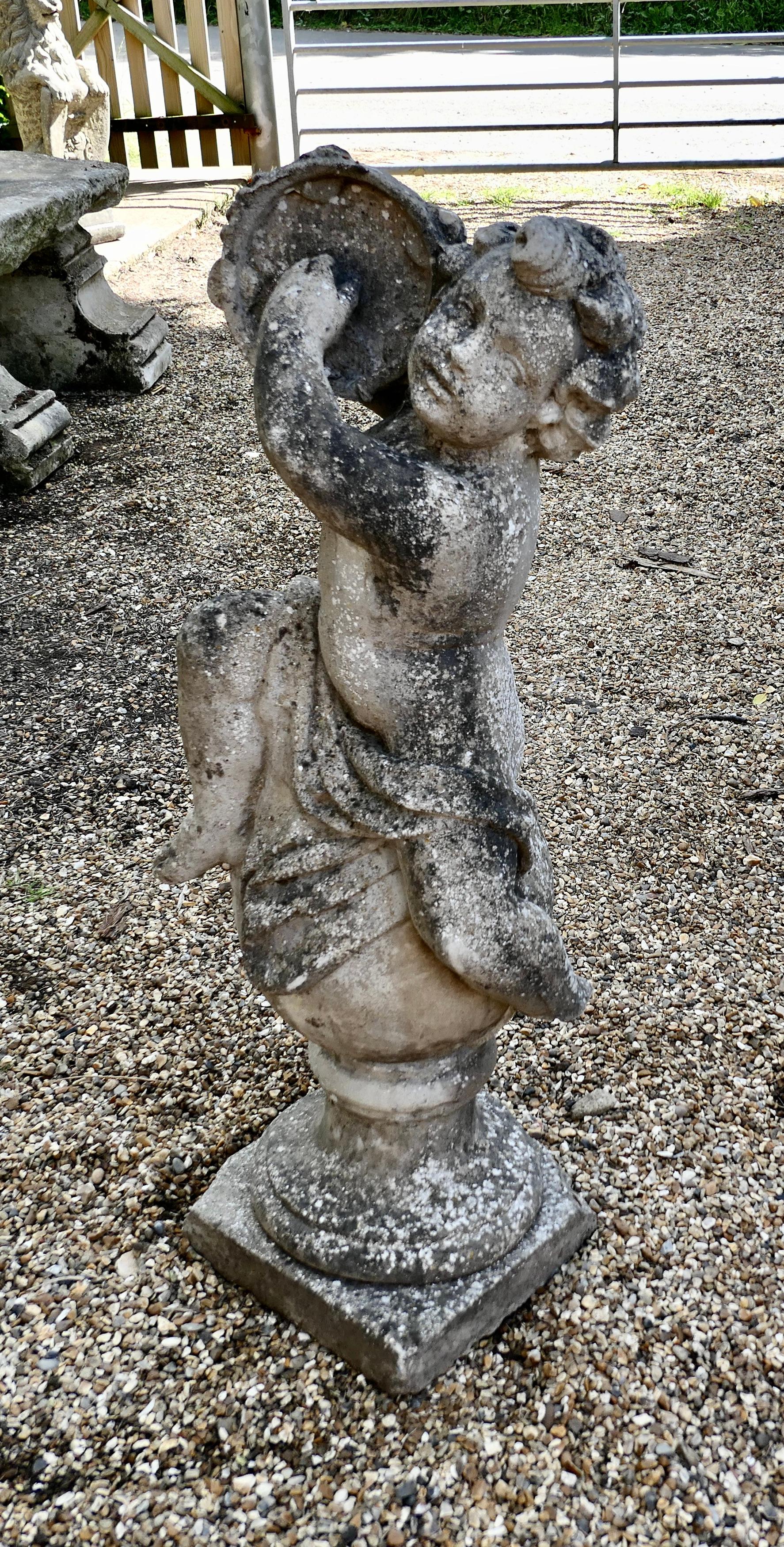 Large Old Weathered Statue of a Putti Playing Tambourine 1