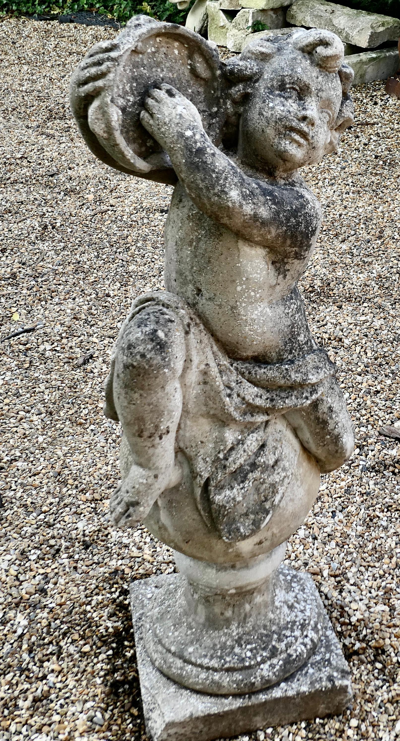 Large Old Weathered Statue of a Putti Playing Tambourine 2